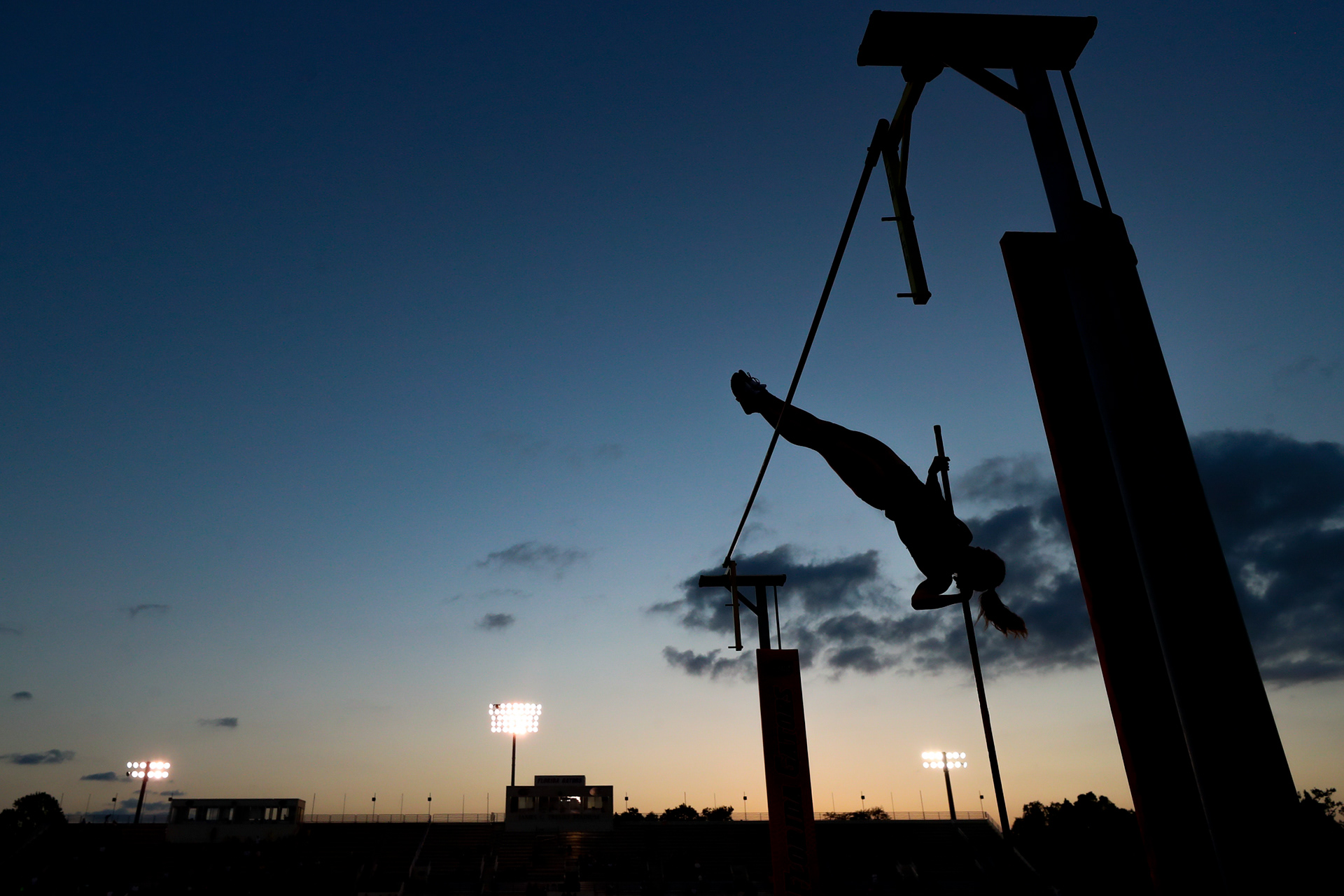 GAINESVILLE, FL - April 15, 2022 - A silhouette of a pole vaulter during Day 1 of the Tom Jones Florida Invitational in Gainesville, FL. Photo By Aiden Shertzer/Texas A&M Athletics
