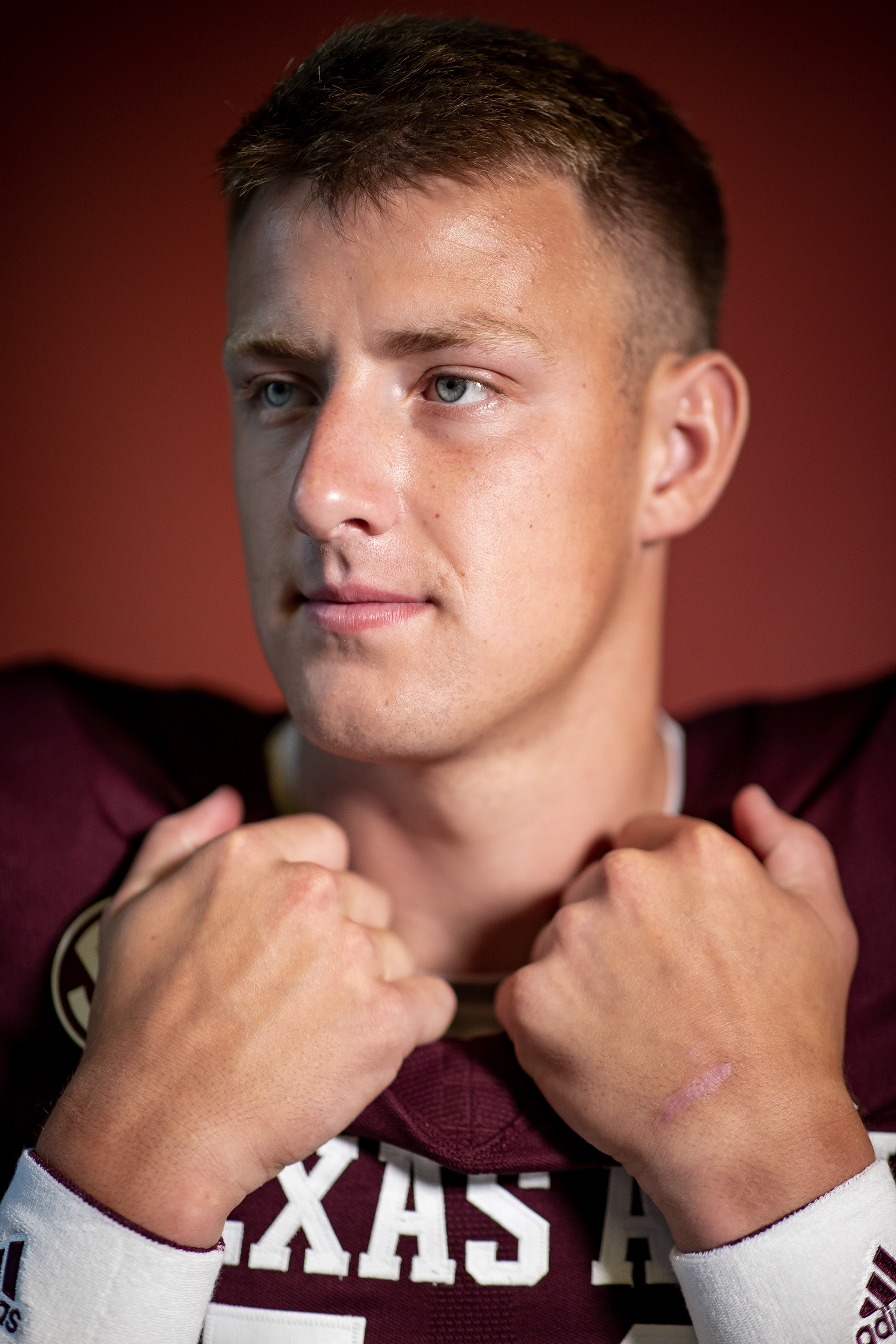 COLLEGE STATION, TX - June 29, 2023 - Max Johnson #14 of the Texas A&M Aggies poses for a photo during Football Photo Day at The Studio in Kyle Field in College Station, TX. Photo By Aiden Shertzer/Texas A&M Athletics