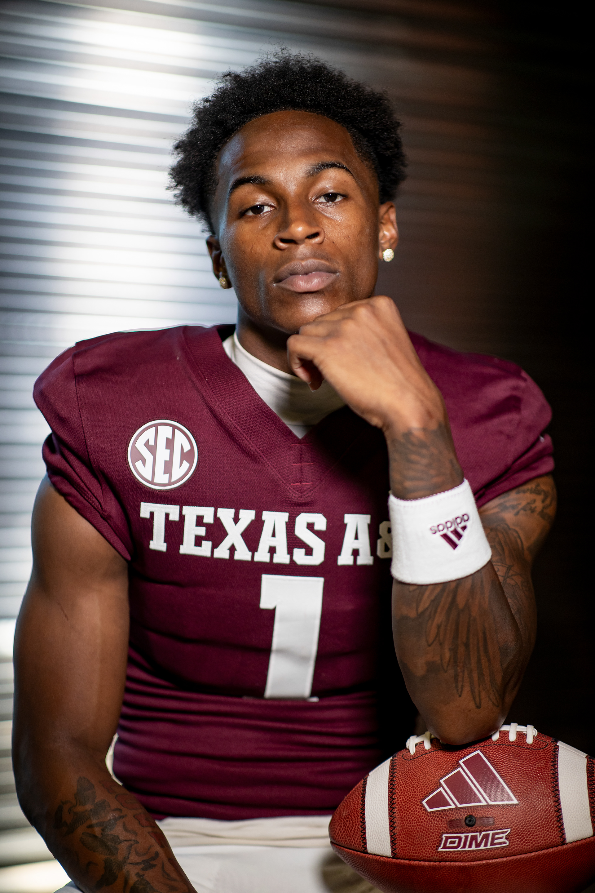 COLLEGE STATION, TX - June 29, 2023 - Evan Stewart #1 of the Texas A&M Aggies poses for a photo during Football Photo Day at The Studio in Kyle Field in College Station, TX. Photo By Aiden Shertzer/Texas A&M Athletics