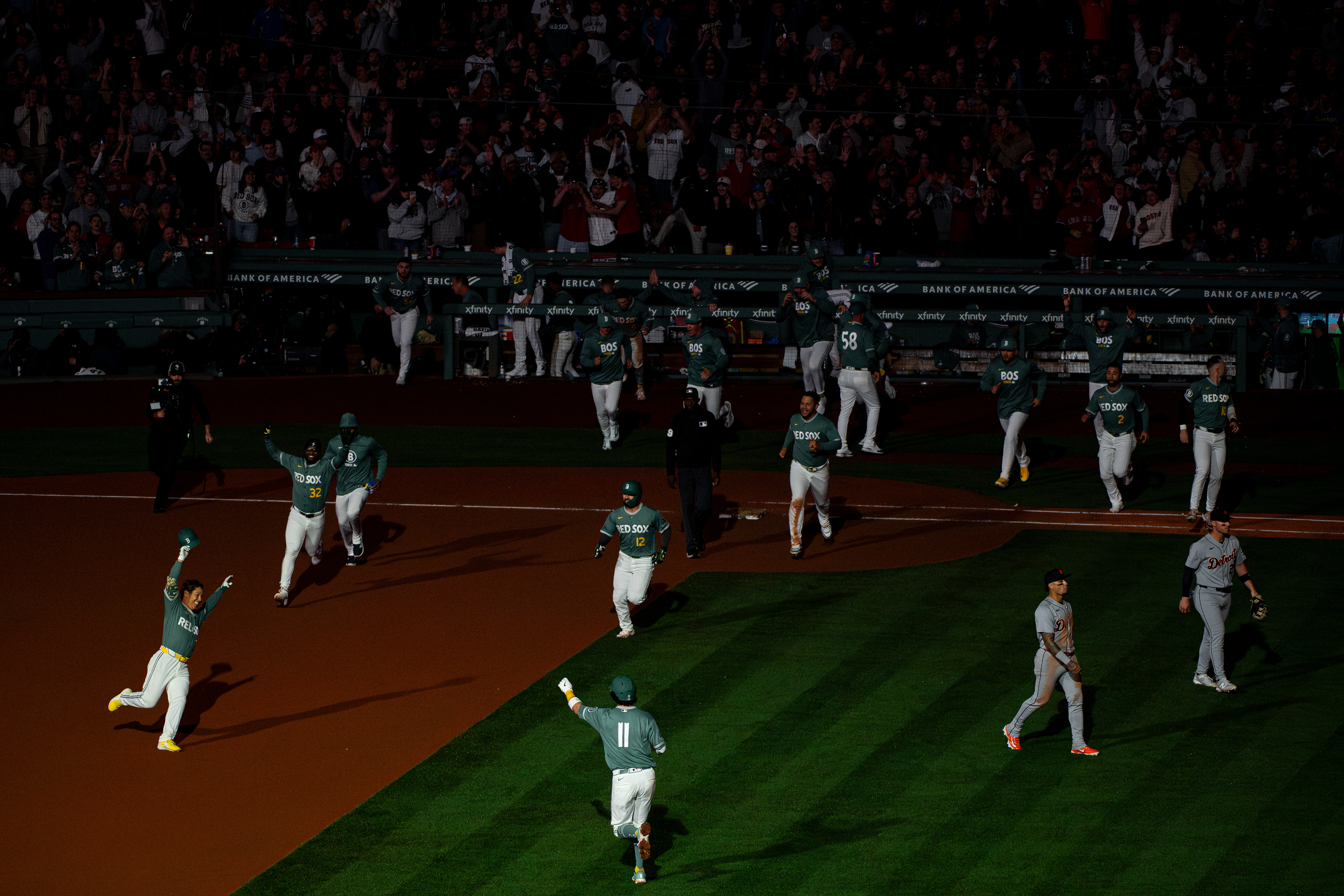 April 17, 2026, Boston, MA: The Boston Red Sox react after Masataka Yoshida #7 of the Boston Red Sox hit a walk-off single during the tenth inning of a game against the Detroit Tigers at Fenway Park in Boston, Massachusetts Friday, April 17, 2026. (Photo by Aiden Shertzer/Boston Red Sox)