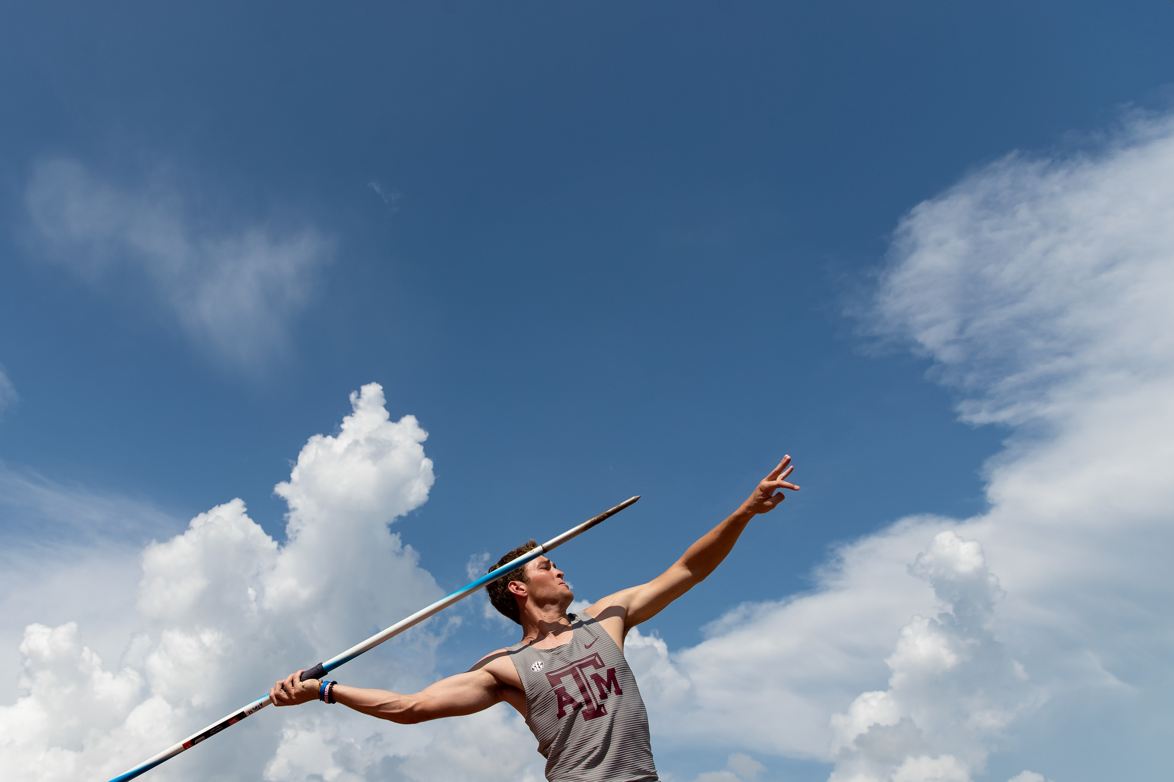 BATON ROUGE, LA - May 12, 2023 - Blake Harris of the Texas A&M Aggies throws a javelin while competing in the decathlon during day 2 of the SEC Outdoor Track and Field Championships at Bernie Moore Track Stadium in Baton Rouge, Louisiana. Photo By Aiden Shertzer/Texas A&M Athletics