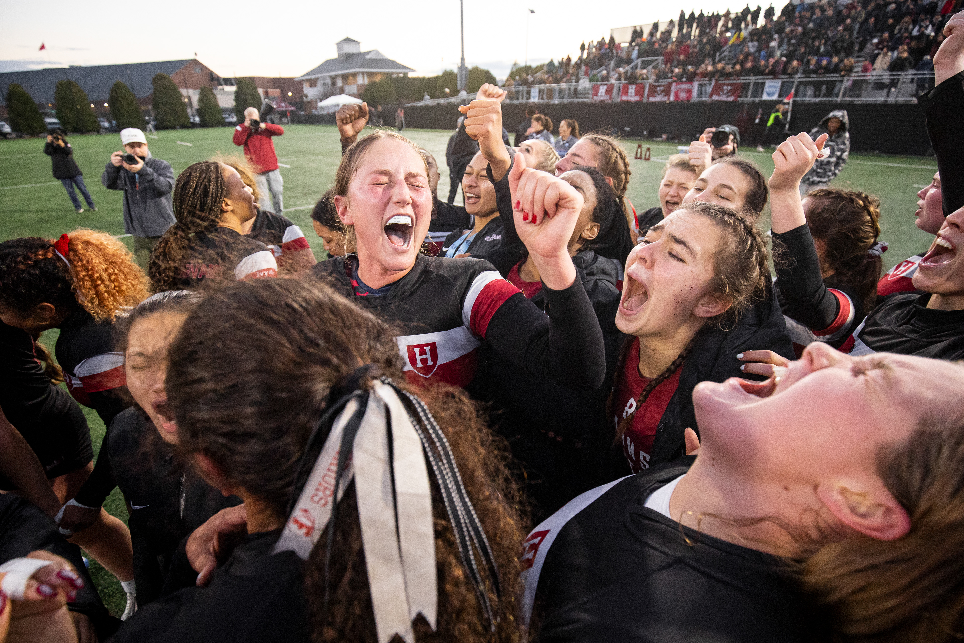 November 22, 2025, Boston, MA: Players of the Harvard Crimson celebrate after winning the NIRA Championship game against the Lindenwood Lions at Harvard University, in Boston Massachusetts Saturday, November 22, 2025. (Photo Credit Aiden Shertzer/Harvard Athletics)