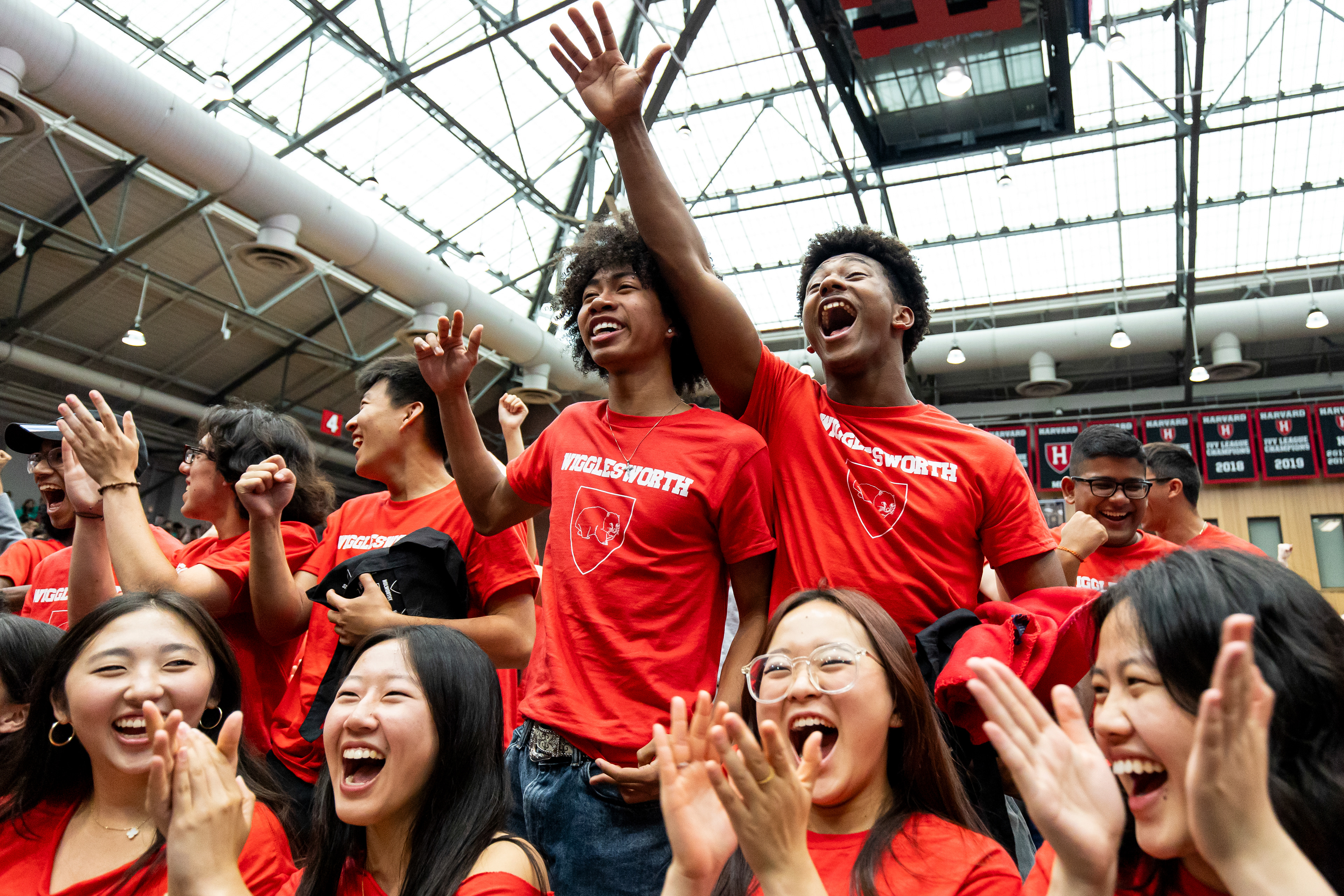 August 27, 2026, Boston, MA: Wigglesworth residents react after helping Crimson Yard secure the win during the Scream Contest for the Crimson Kick-Off in Lavietes Pavilion at Harvard University, in Boston Massachusetts Thursday, August 27, 2026. (Photo Credit Aiden Shertzer/Harvard Athletics)