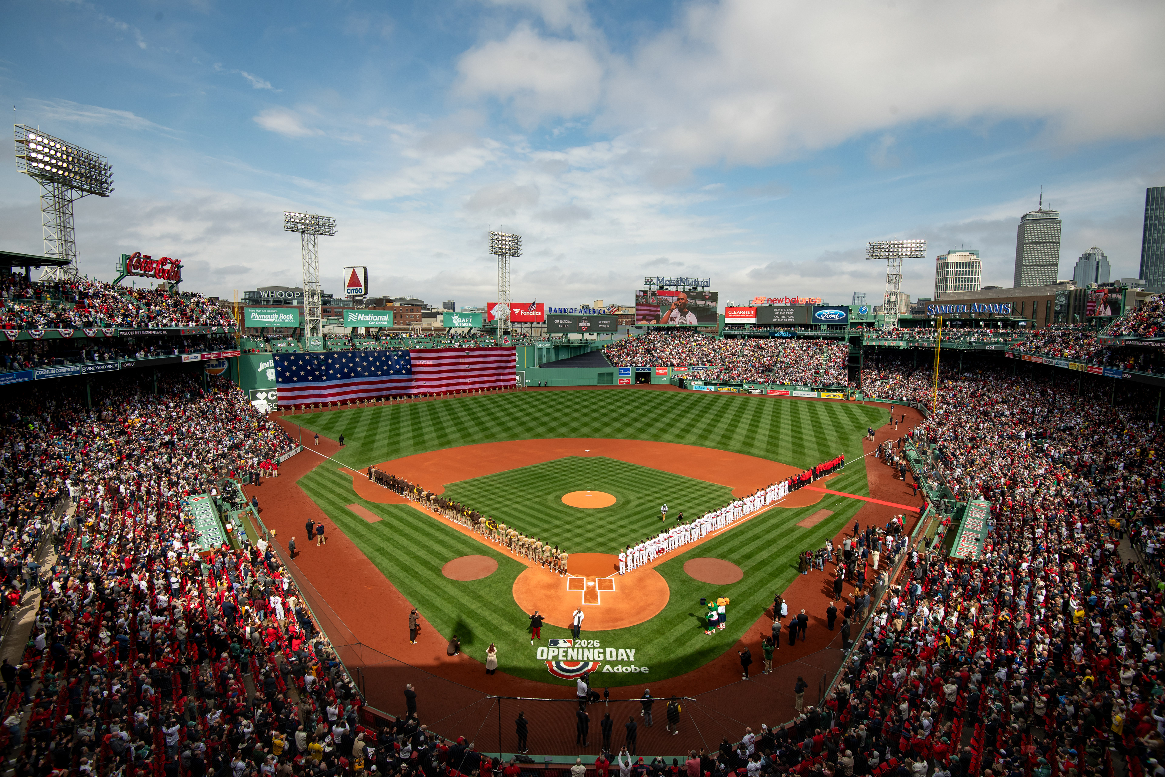April 3, 2026, Boston, MA: A general view of Fenway Park as the National Anthem is performed by Broadway star Nik Walker prior to the 2026 Home Opener game of the San Diego Padres vs. the Boston Red Sox at Fenway Park in Boston, Massachusetts Friday, April 3, 2026. (Photo by Aiden Shertzer/Boston Red Sox)