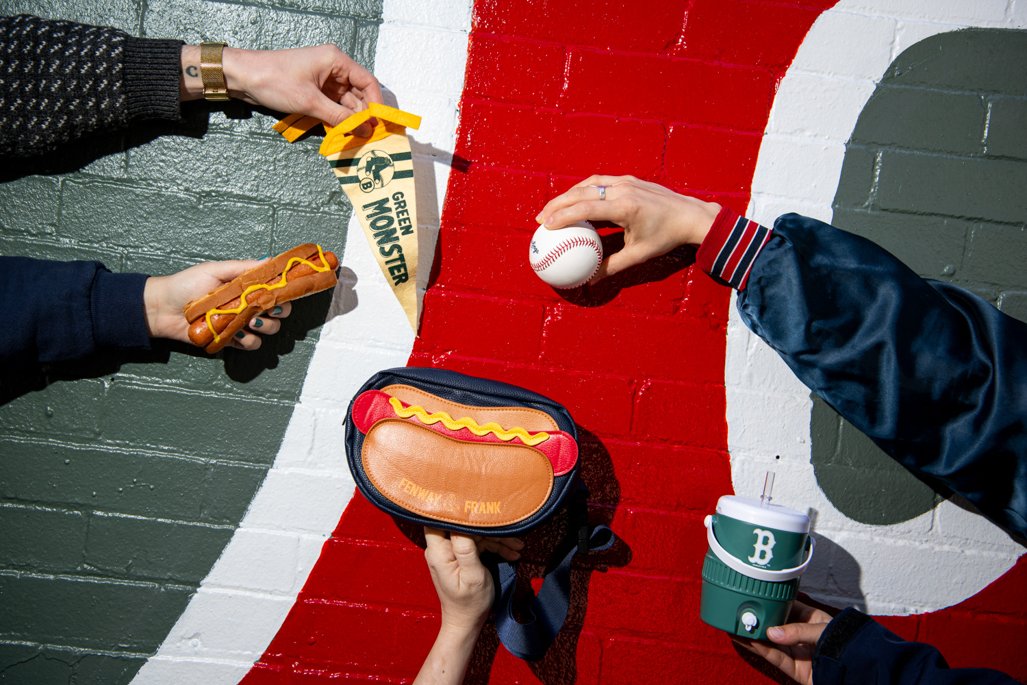 April 23, 2026, Boston, MA: A Fenway Frank Bag during a marketing photoshoot on Jersey Street at Fenway Park in Boston, Massachusetts Thursday, April 23, 2026. (Photo by Aiden Shertzer/Boston Red Sox)