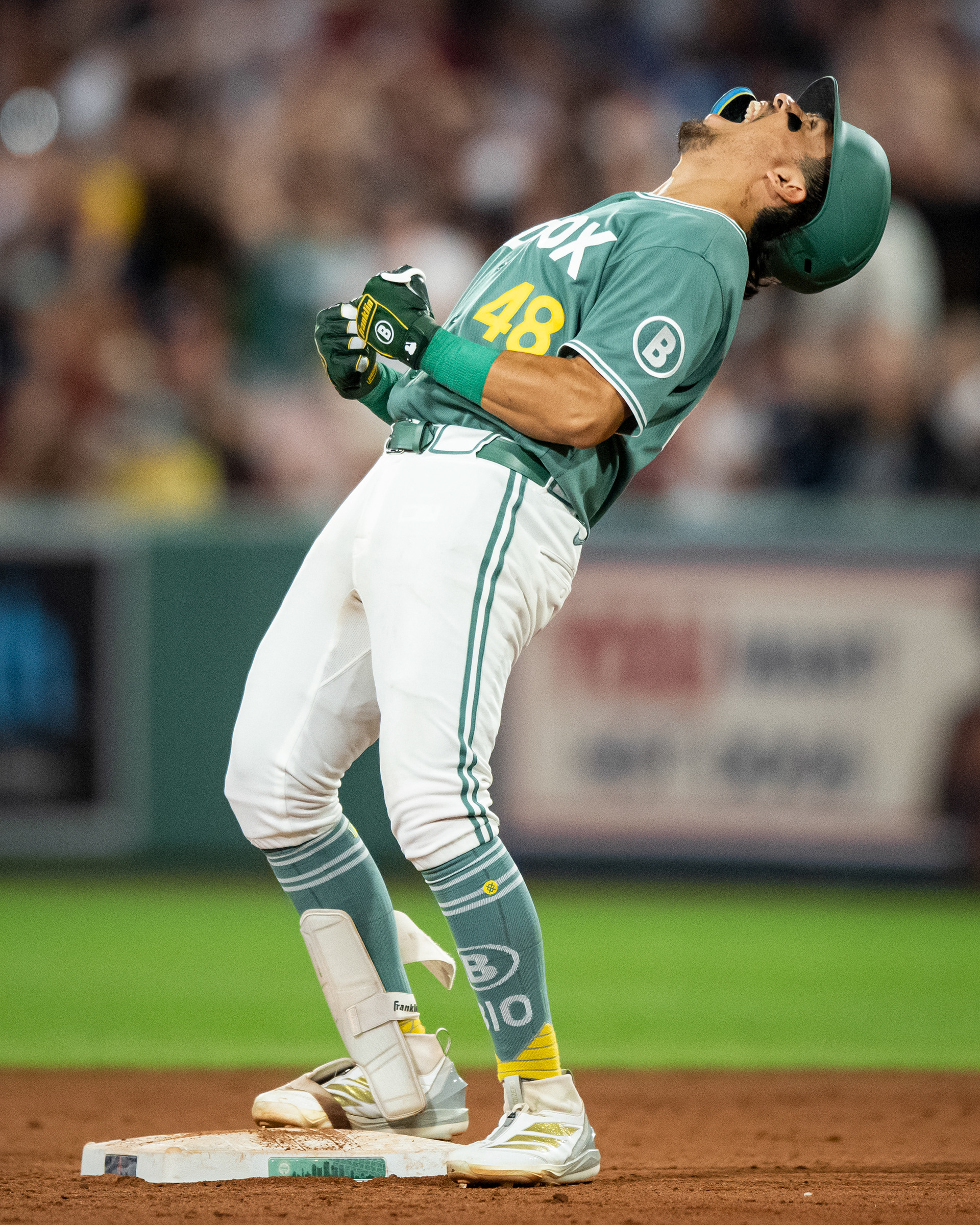 July 24, 2026, Boston, MA: Anthony Seigler #48 of the Boston Red Sox reacts after hitting a double during the eighth inning of a game against the Toronto Blue Jays at Fenway Park in Boston, Massachusetts Friday, July 24, 2026. (Photo by Aiden Shertzer/Boston Red Sox)