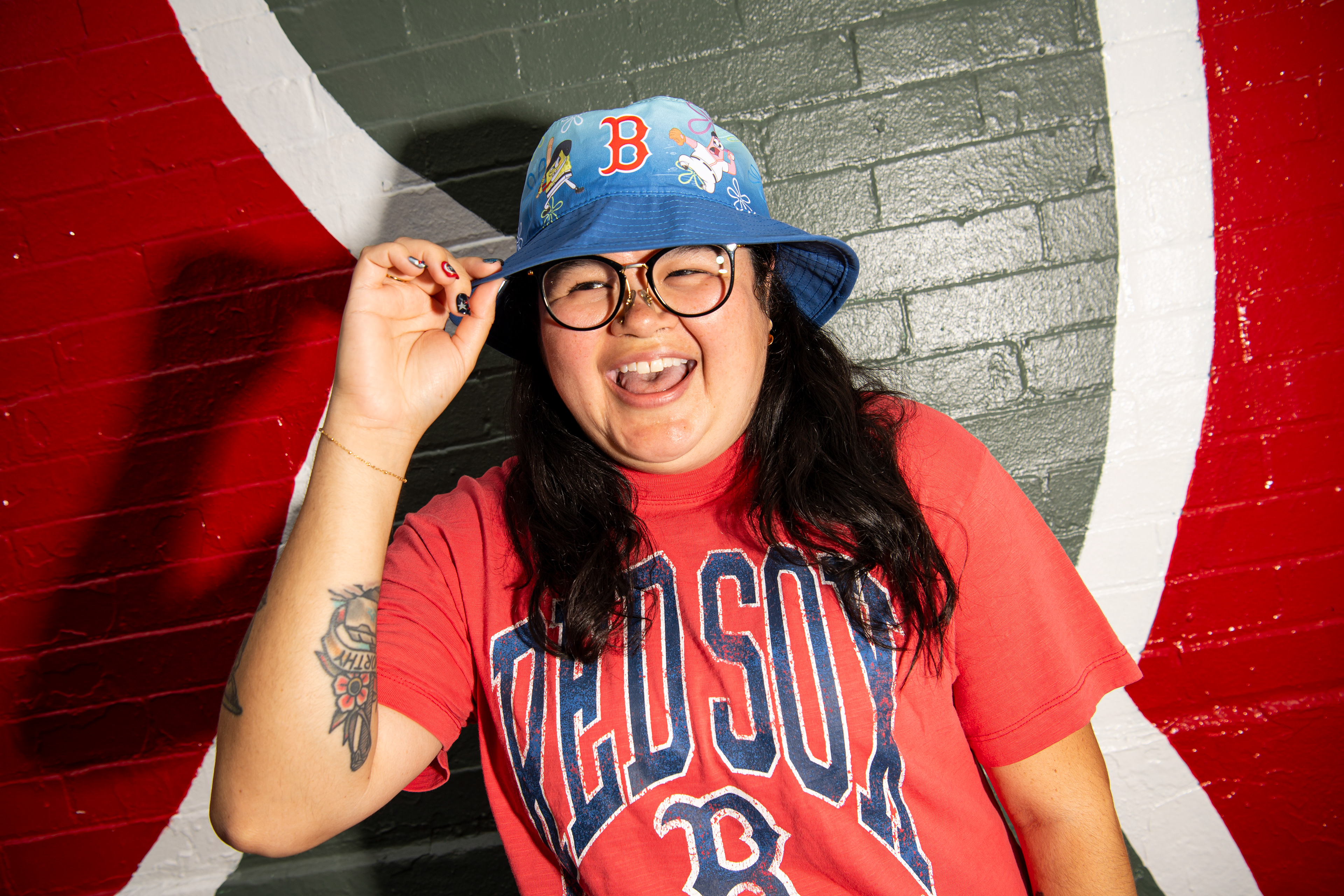 August 5, 2026, Boston, MA: A view of the SpongeBob SquarePants and Red Sox bucket hat during a Promo and Giveaways Photoshoot on Jersey Street at Fenway Park in Boston, Massachusetts Wednesday, August 5, 2026. (Photo by Aiden Shertzer/Boston Red Sox)