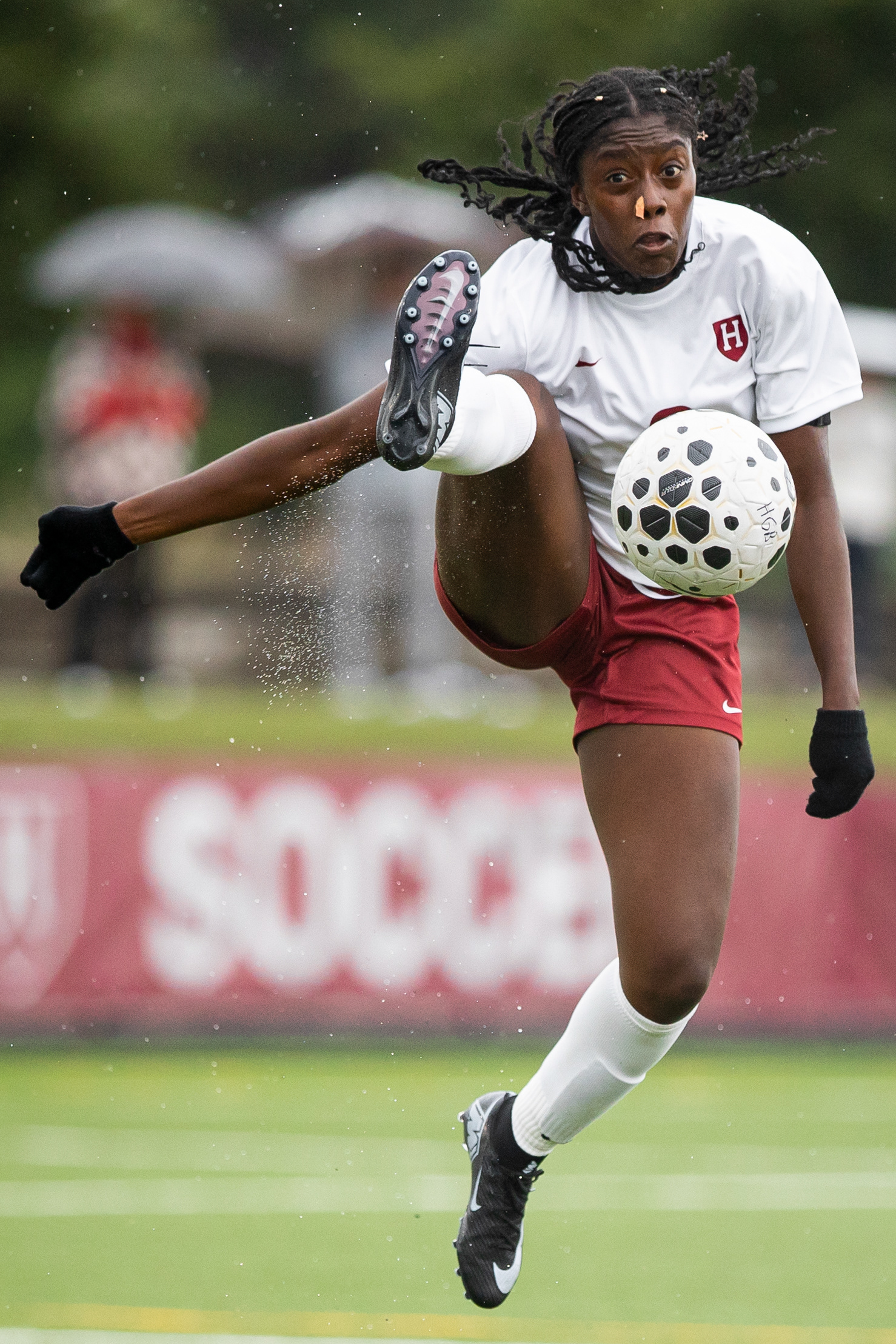 September 7, 2025, Boston, MA: Audrey Francois #8 of the Harvard Crimson controls a ball during the first half of a game against the Northeastern Huskies at Harvard University, in Boston Massachusetts Sunday, September 7, 2025. (Photo Credit: Aiden Shertzer/Harvard Athletics)