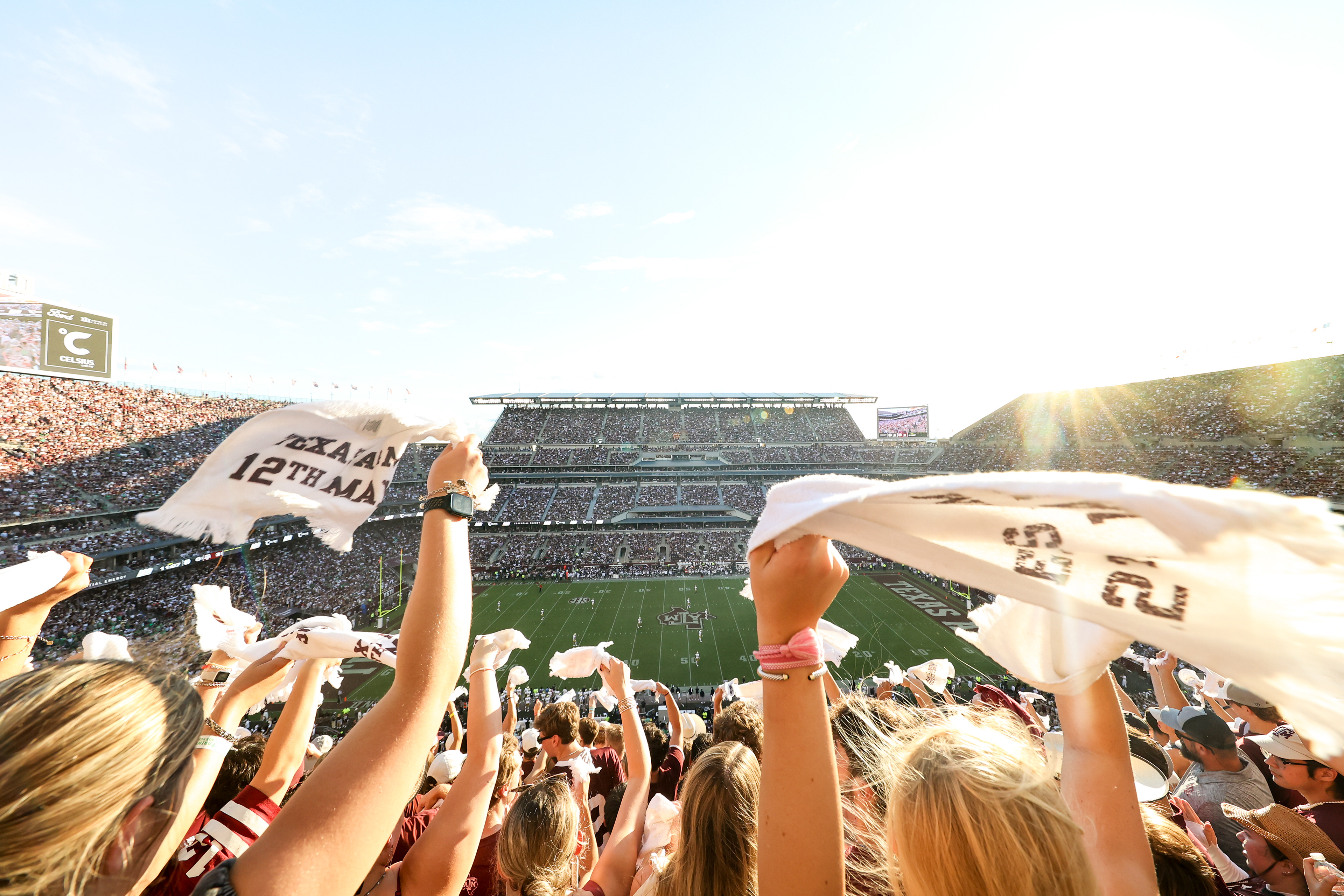 COLLEGE STATION, TX - August 31, 2024 - A general view  of students waving 12th Man towels from the student section during a game between the Notre Dame Fighting Irish and the Texas A&M Aggies at Kyle Field in College Station, TX. Photo By Aiden Shertzer/Texas A&M Athletics
