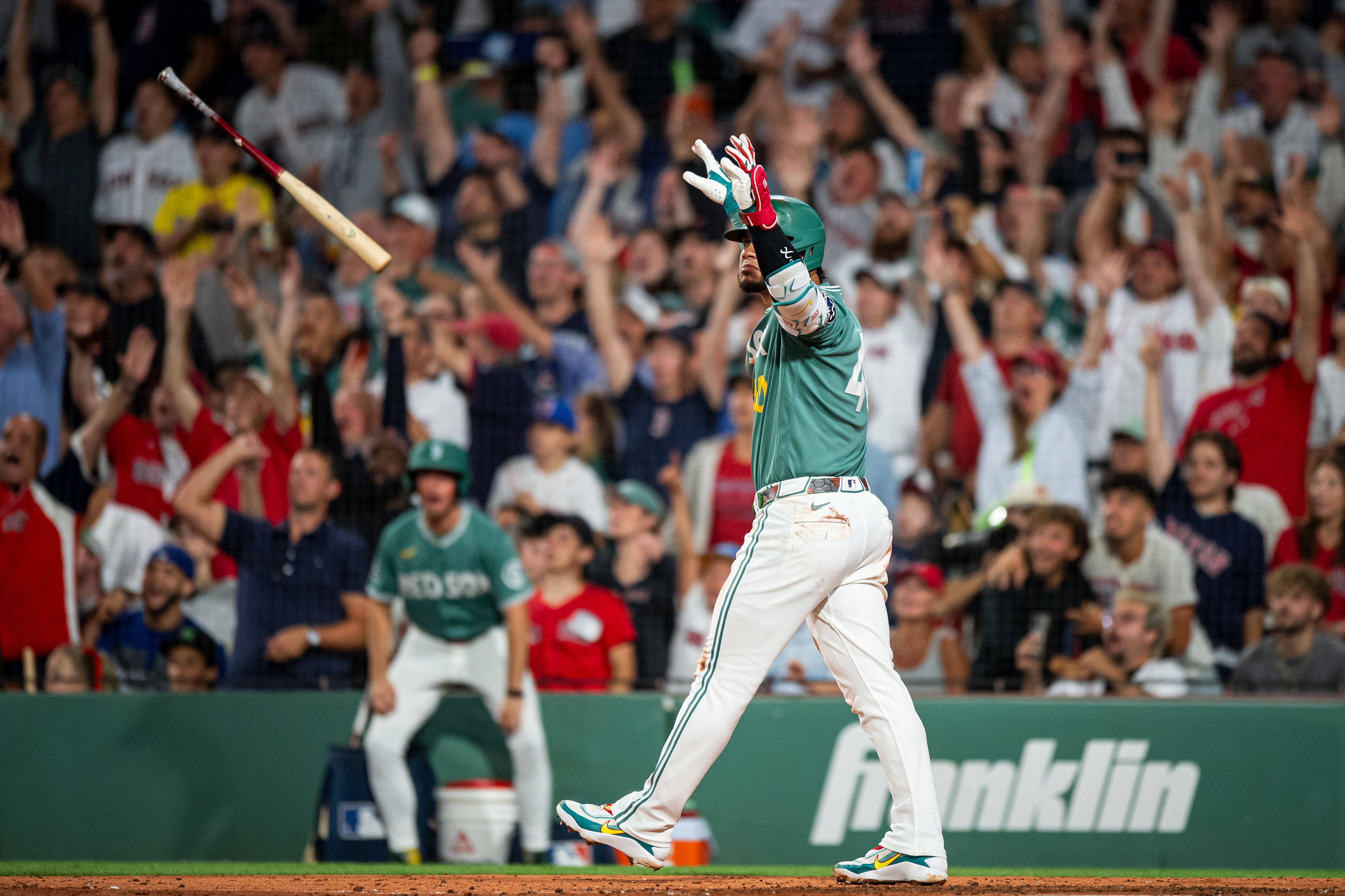 August 21, 2026, Boston, MA: Willson Contreras #40 of the Boston Red Sox reacts to hitting a home run during the third inning of a game against the San Francisco Giants at Fenway Park in Boston, Massachusetts Friday, August 21, 2026. (Photo by Aiden Shertzer/Boston Red Sox)