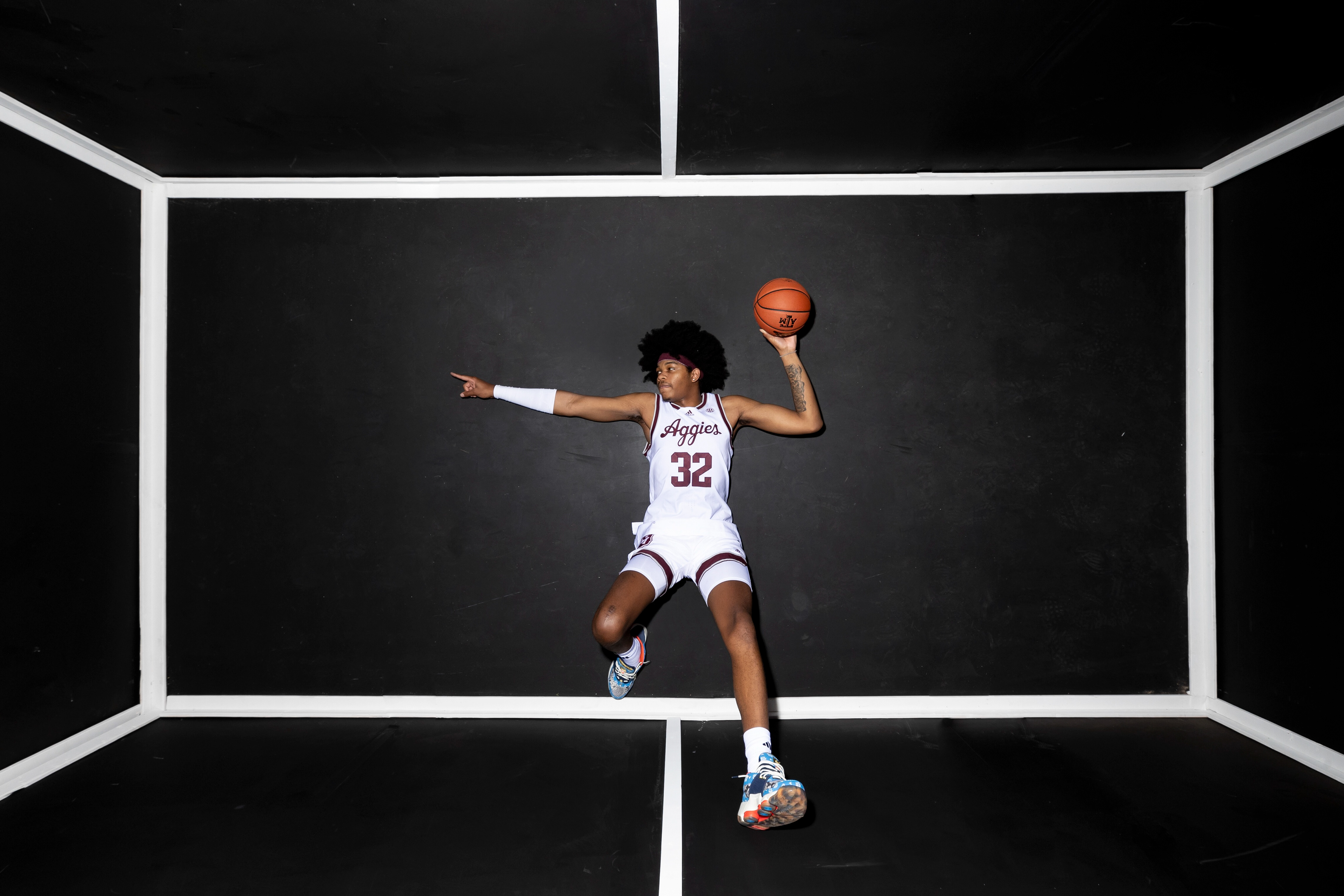 COLLEGE STATION, TX - July 26, 2023 - Brandon White #32 of the Texas A&M Aggies poses for a photo during Men’s Basketball Photo Day at The Studio in Kyle Field in College Station, TX. Photo By Aiden Shertzer/Texas A&M Athletics