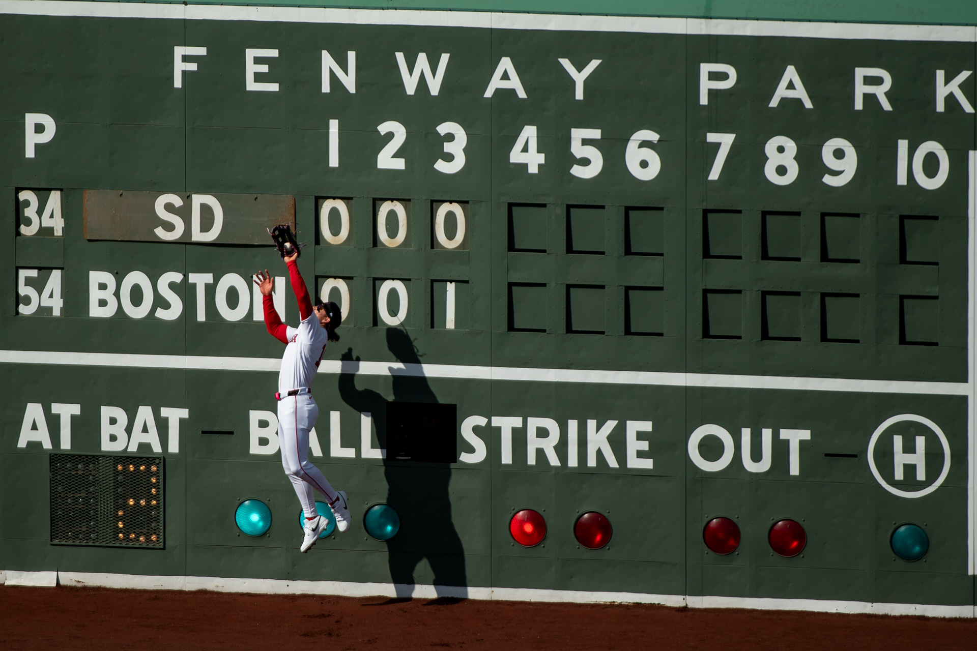 April 3, 2026, Boston, MA: Jarren Duran #16 of the Boston Red Sox makes a leaping catch during the fourth inning of the 2026 Home Opener against the San Diego Padres at Fenway Park in Boston, Massachusetts Friday, April 3, 2026. (Photo by Aiden Shertzer/Boston Red Sox)