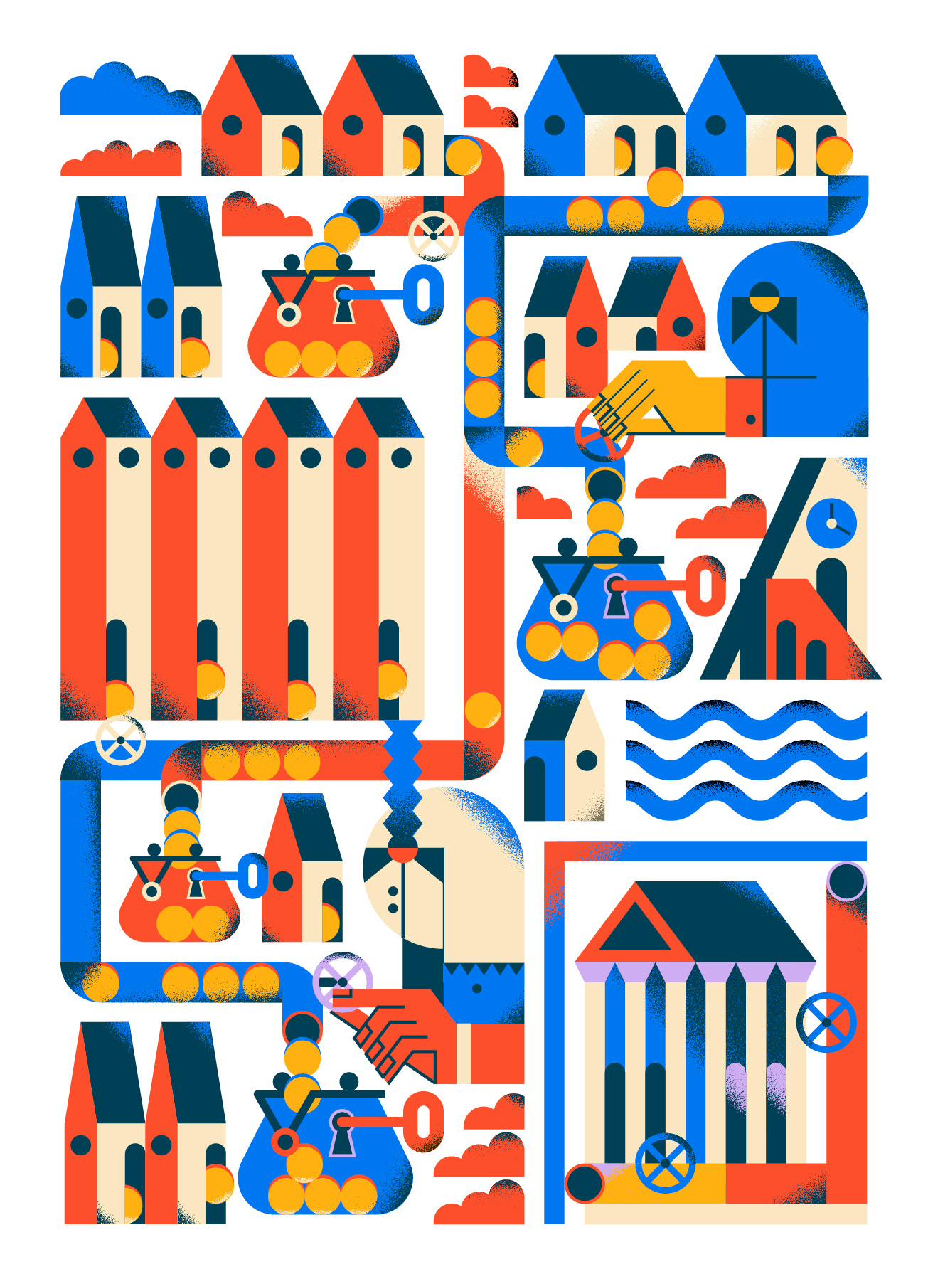 The illustration shows a schematic representation of Bratislava, with houses, buildings and pipes draining economic benefits managed by private owners. Instead of going to public city hall buildings, money flows into private coffers.