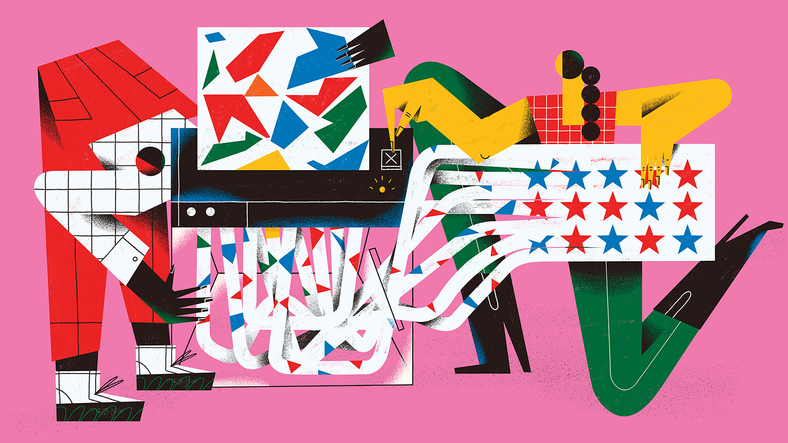 A visual metaphor of a paper shredder and shapes which represent cultural and name identities being shreds and rebuild into a anglicized shapes