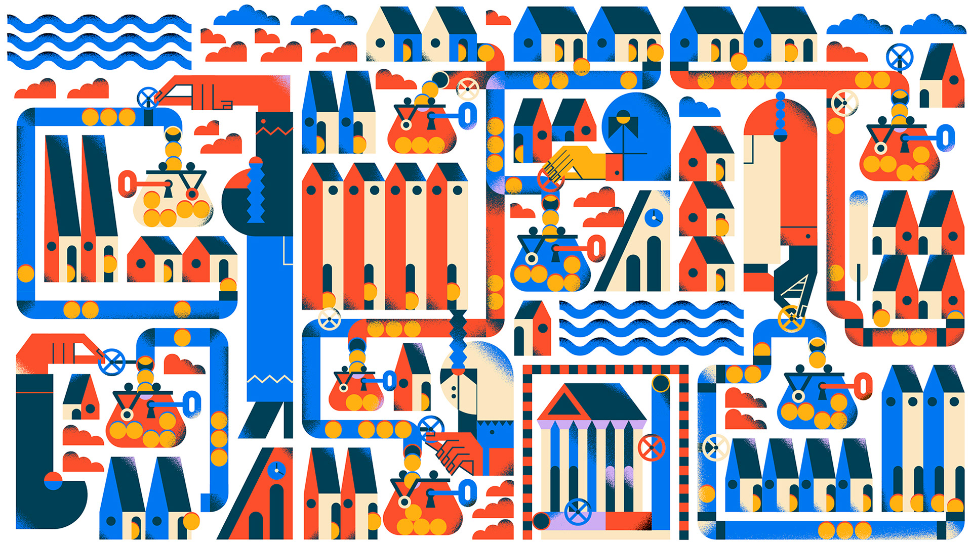 The illustration shows a schematic representation of Bratislava, with houses, buildings and pipes draining economic benefits managed by private owners. Instead of going to public city hall buildings, money flows into private coffers.