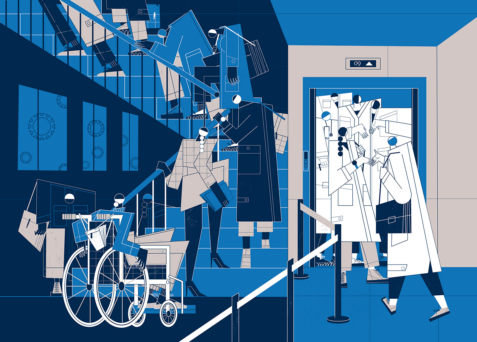 Scientist in the left side, look very tired people, represented by woman, seniors and disabled people who are those they are suffering inequality, bulling, discrimination and harassment.