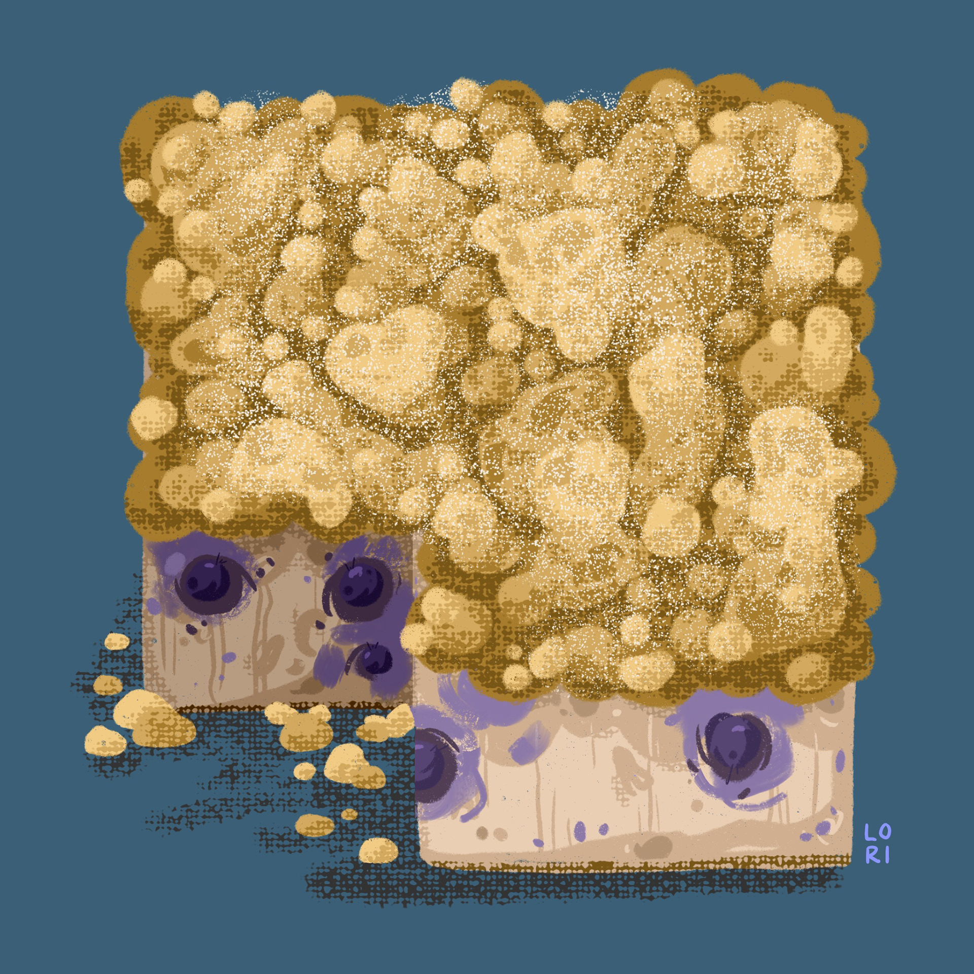 A blueberry crumbcake with a single slice cut out