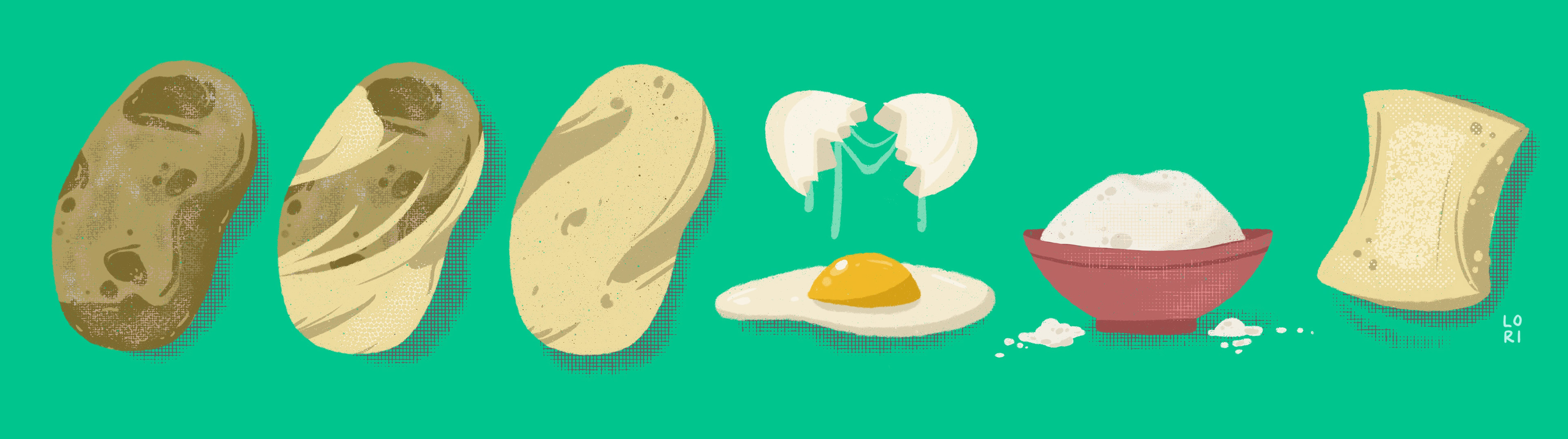 An unpeeled potato, a half peeled potato, a fully peeled potato, a cracked egg with shell, a bowl of white flour, and a single gnocchi dumpling.