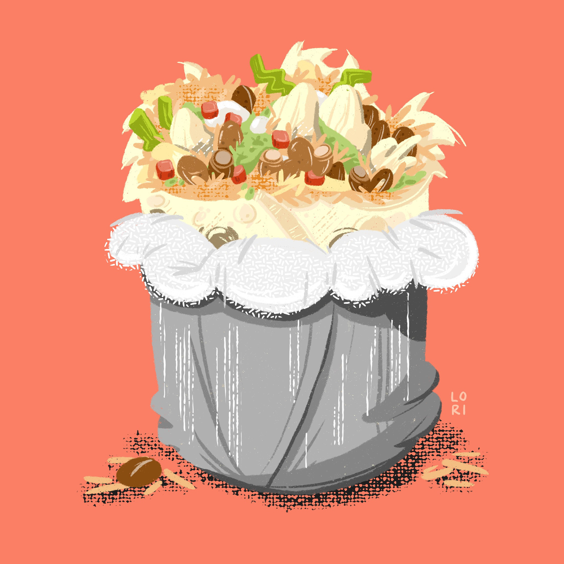 A half eaten Mission style California burrito with boiled chikcen, beans, rice, guacamole, sour cream, cheese, lettuce and pico de gallo, wrapped in aluminum foil.