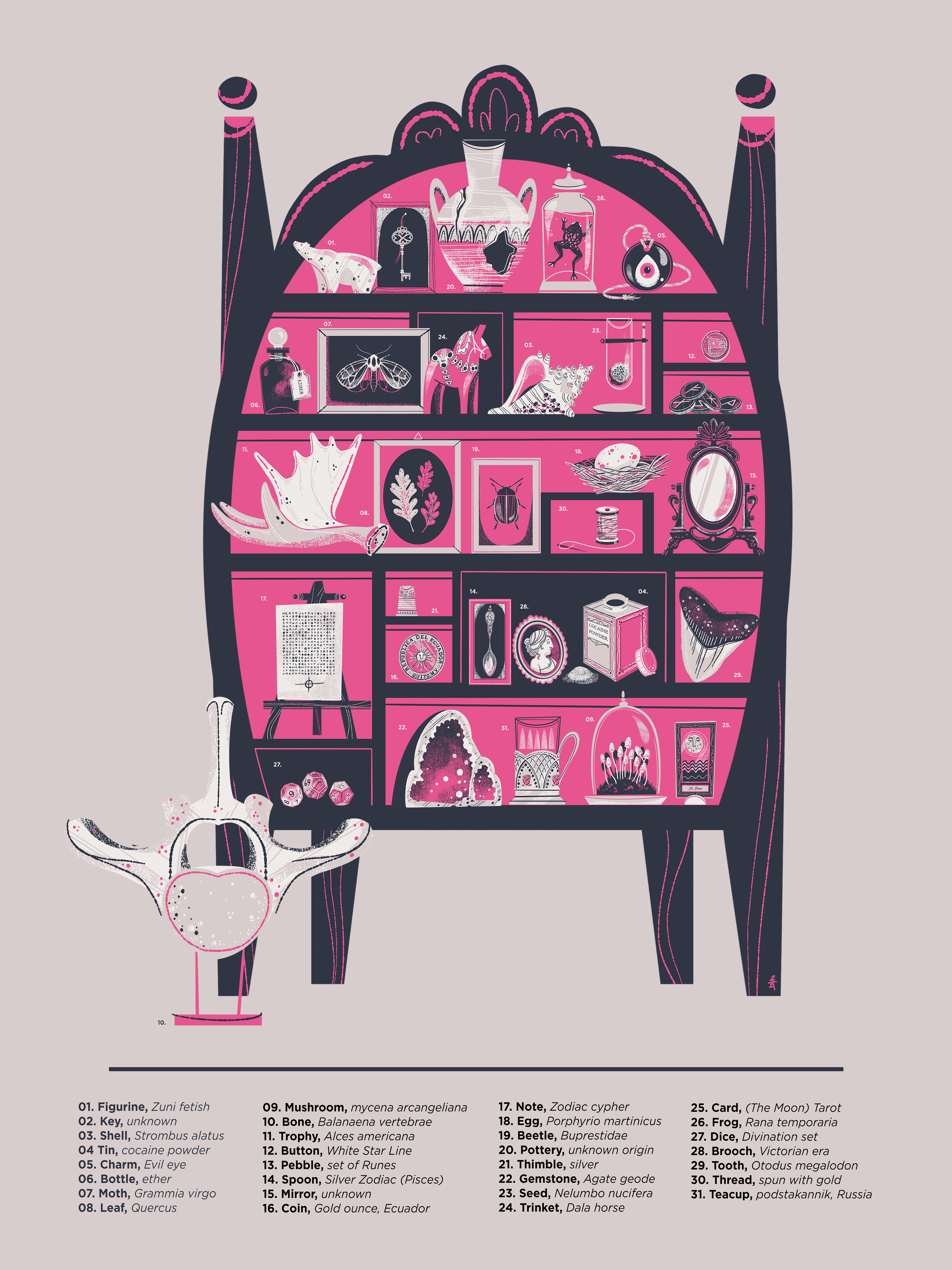 A cabinet of curiosities filled with 31 objects of varying rarity