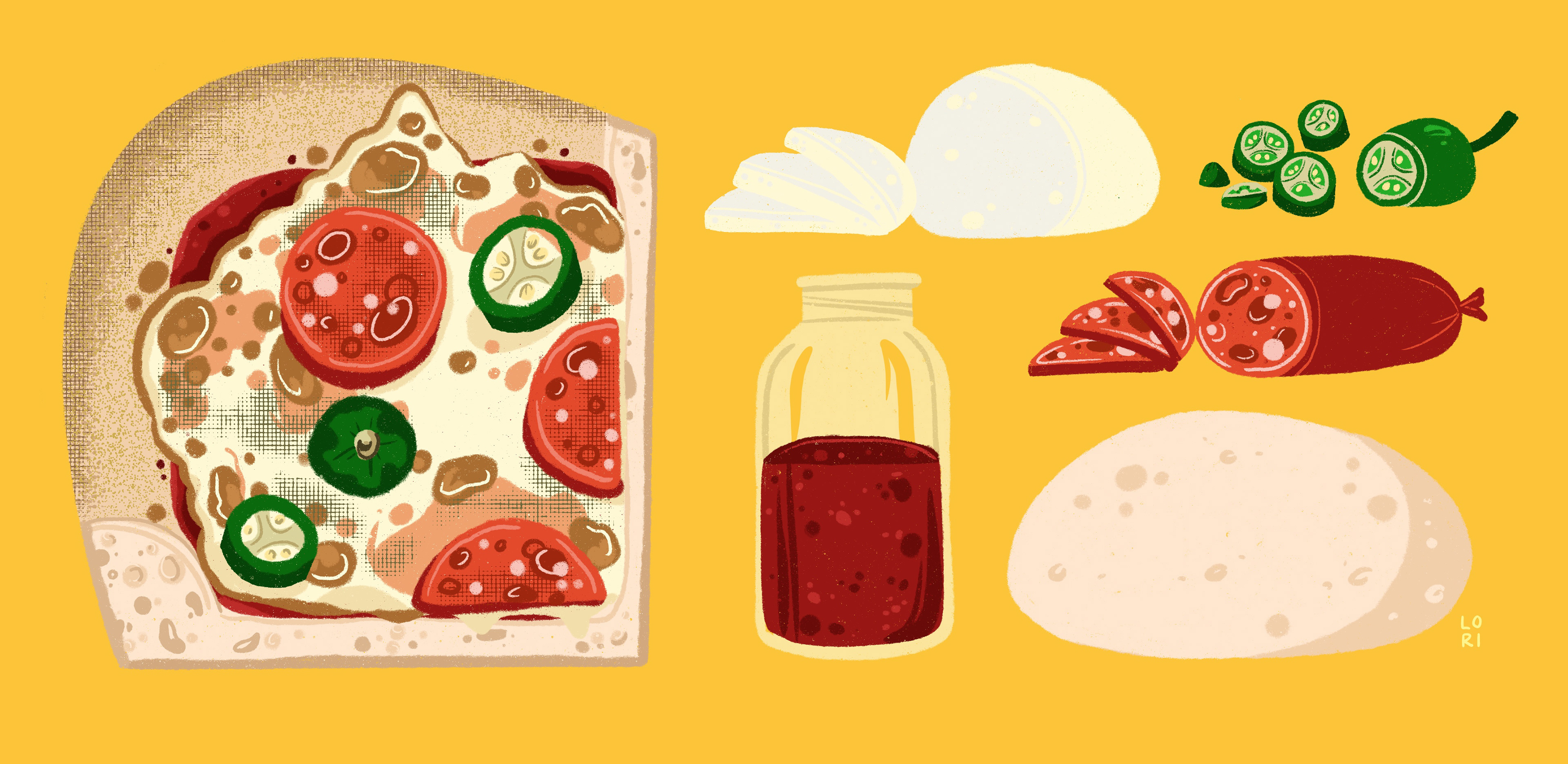 A corner slice of pizza topped with pepperoni and jalapeno, a ball of fresh mozzarella half sliced, a sliced jalapeno, a half full glass jar of tomato sauce, a sliced pepperoni and a ball of pizza dough.