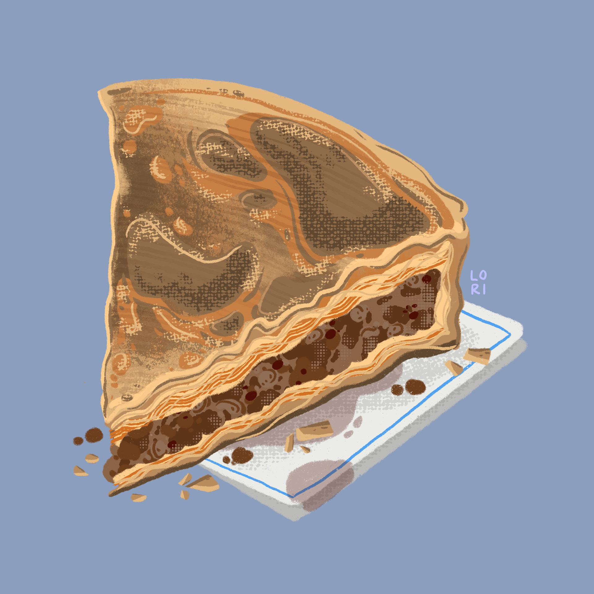 Wedge of byrek with meat filling on a grease stained napkin