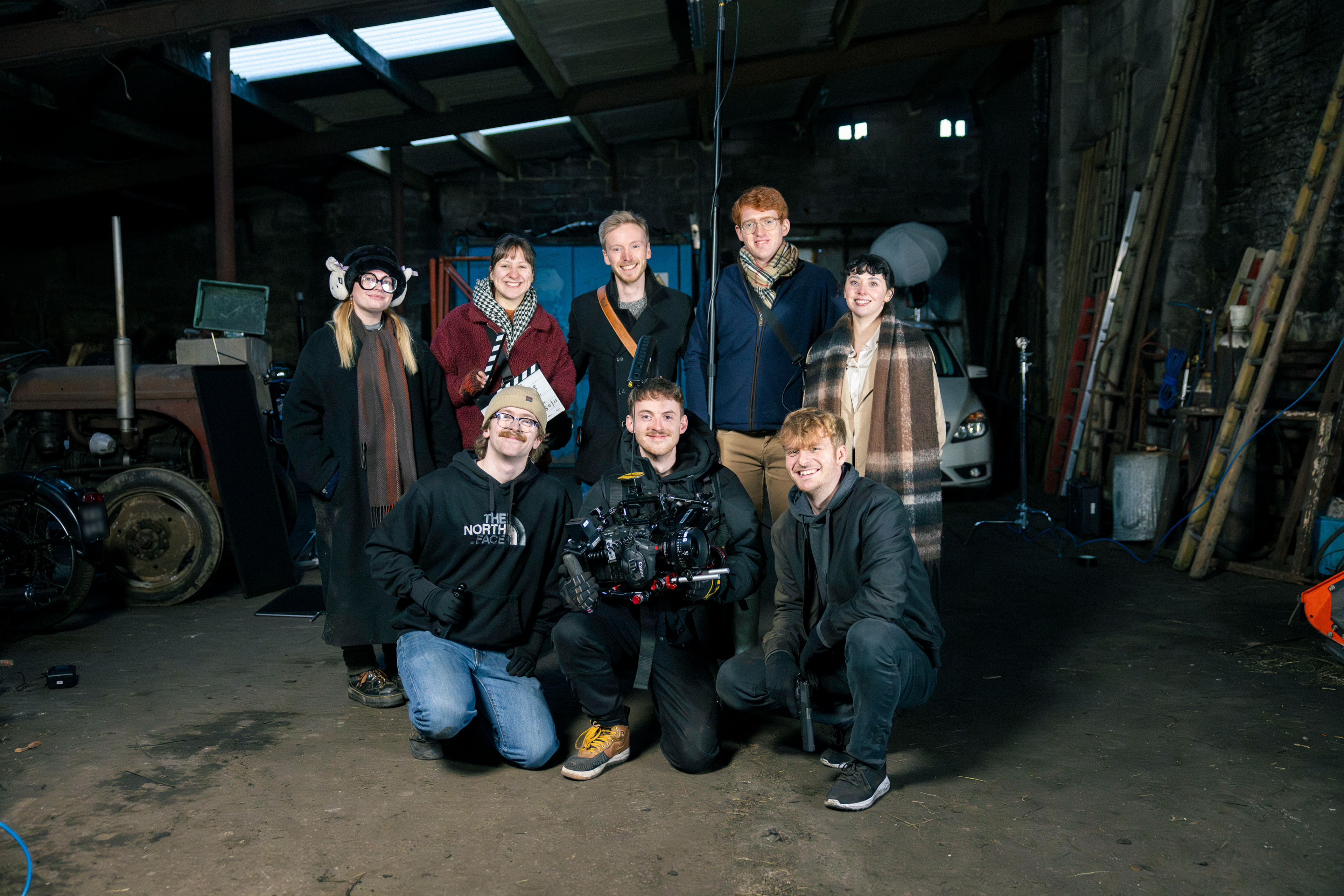 From Left to Right: Aimee Roome (Runner/Unit Photographer), Joanna Rowling-Wilson (1st AD), Charlie Brasier (Gaffer), Me (Writer/DIrector), Harry Phipps (DOP), Liam Clarke (Sound Operator), James Bryan (as Benny), India Thompson (as Emma)