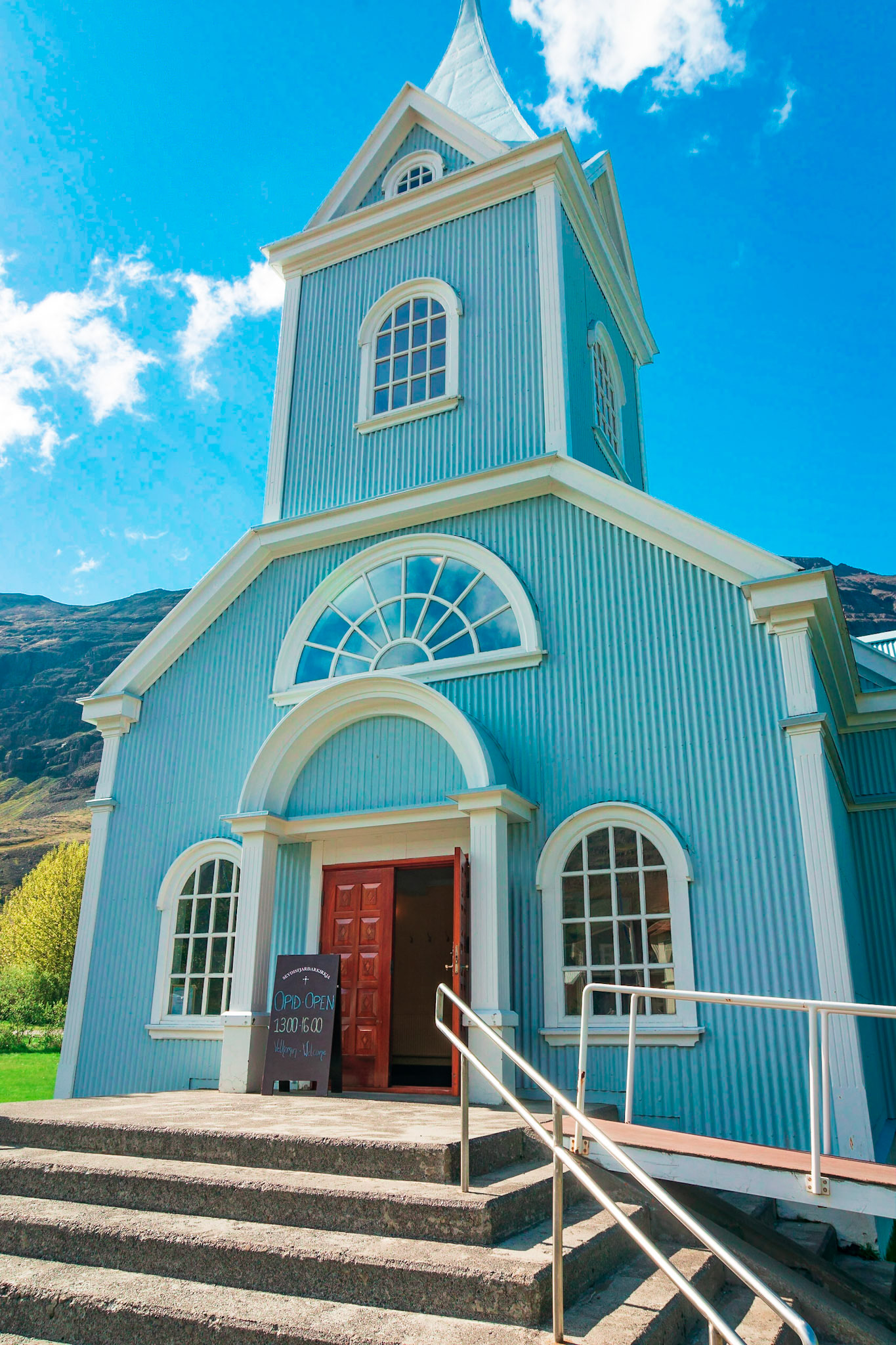 At centre of the ferry twon of  Seydisfjordur in eastern Iceland is this distinctive church.
