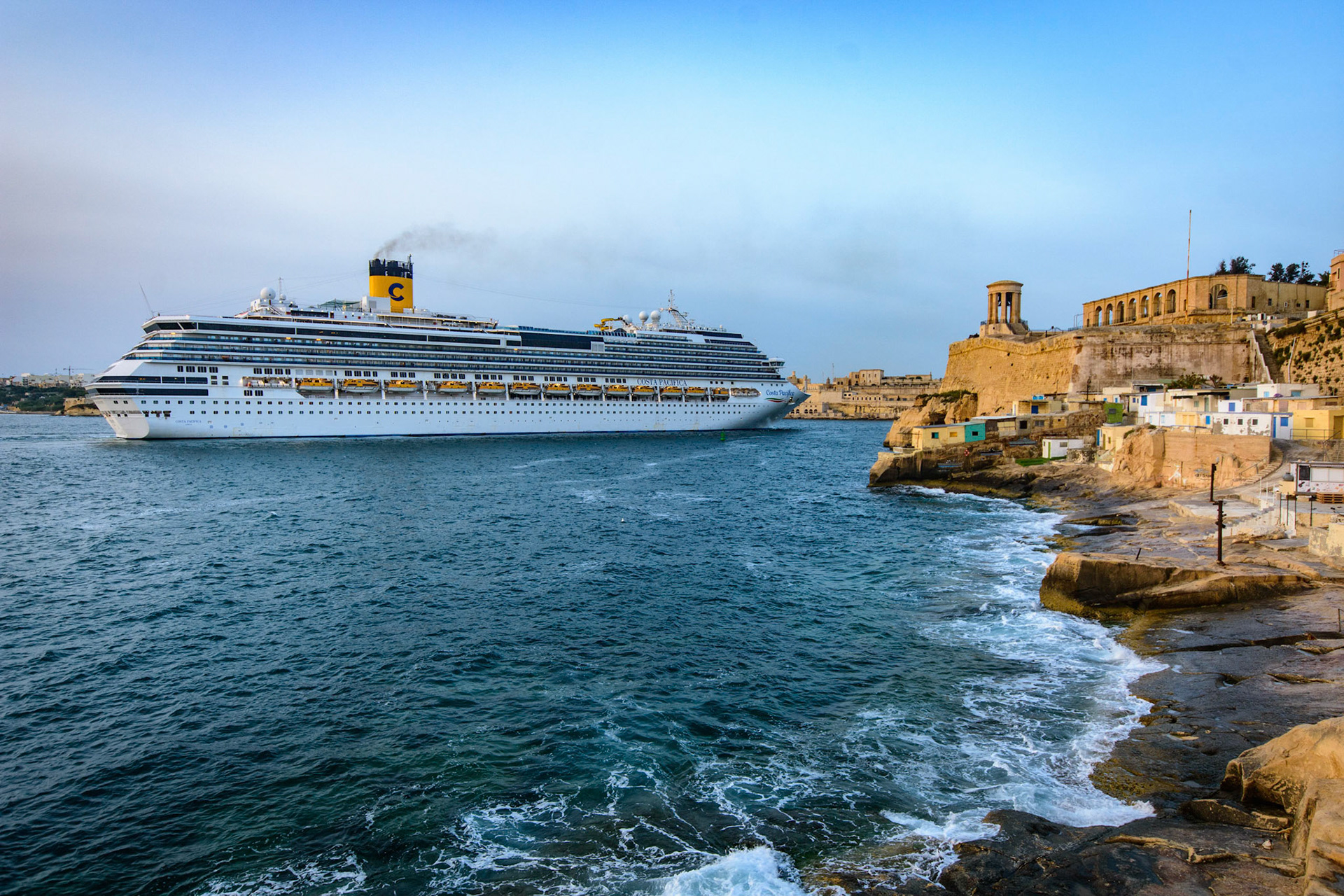 Costa Serena, which is a Costa Serena cruise ship,enters the Grand Harbour, Valletta, Malta.