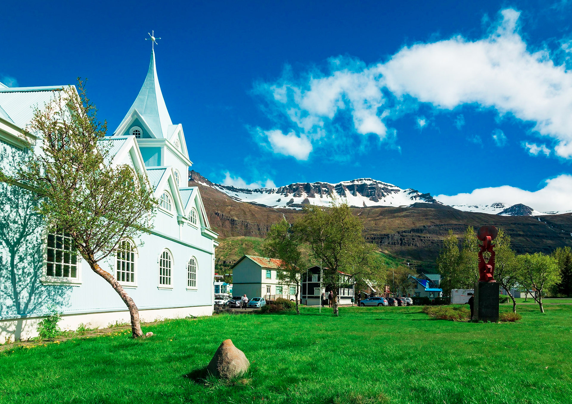 At centre of the ferry twon of  Seydisfjordur in eastern Iceland is this distinctive church.