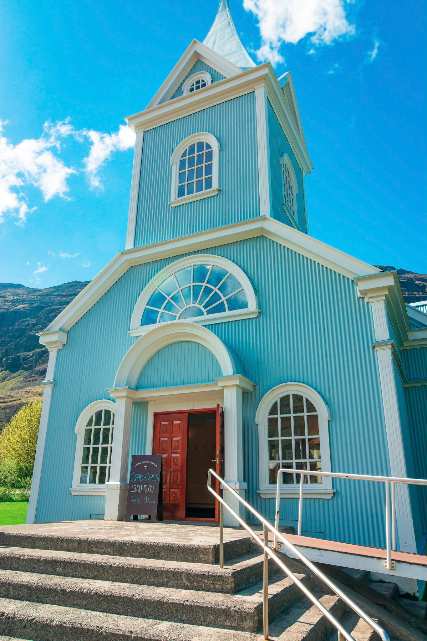 At centre of the ferry twon of  Seydisfjordur in eastern Iceland is this distinctive church.