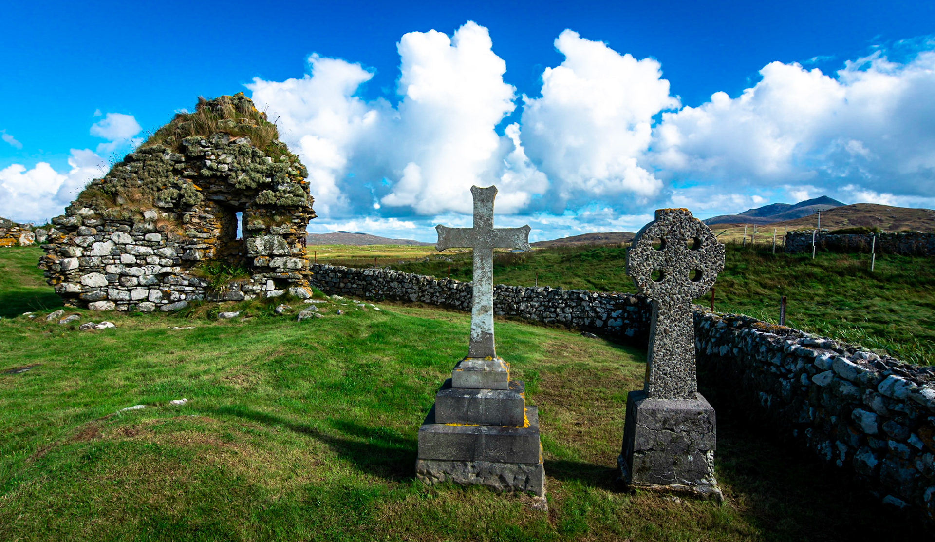 The old chapel at Howmore on South Uist sits in th sun of a September.