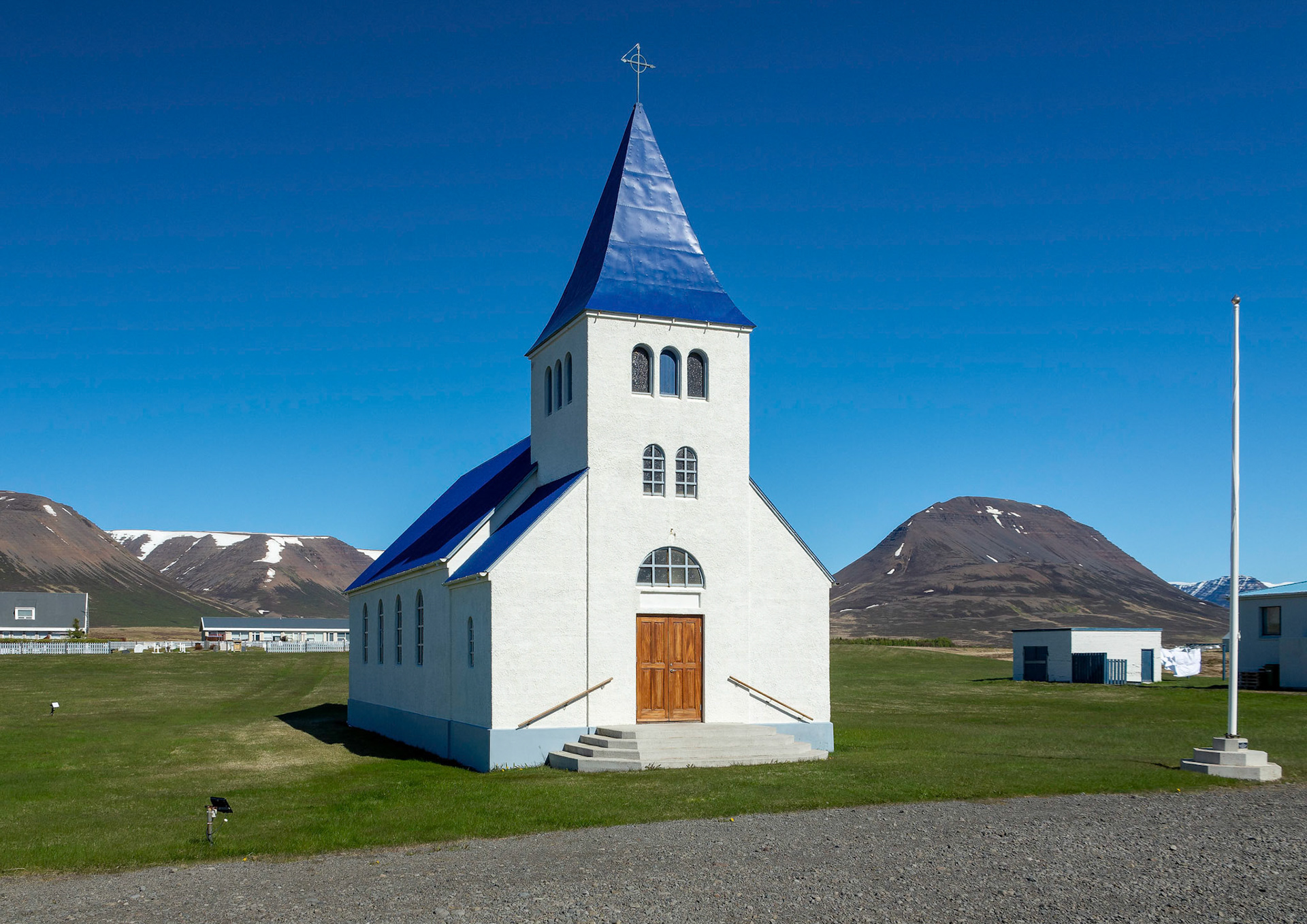With its blue coloured metal roof this church in the Northwestern Region of Iceland is very distinctive.