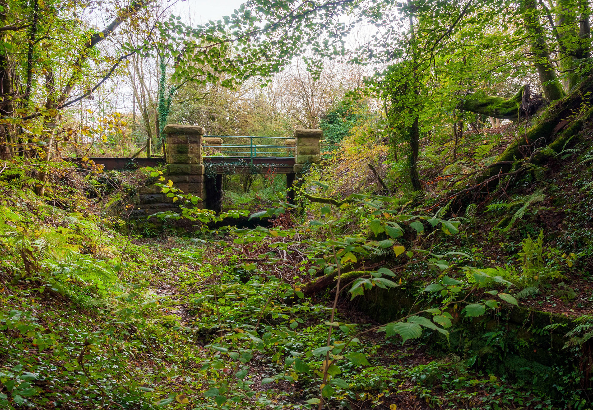 Old Railway Bridge carrying National Cycle Route 7 track leading to a dissued mill.