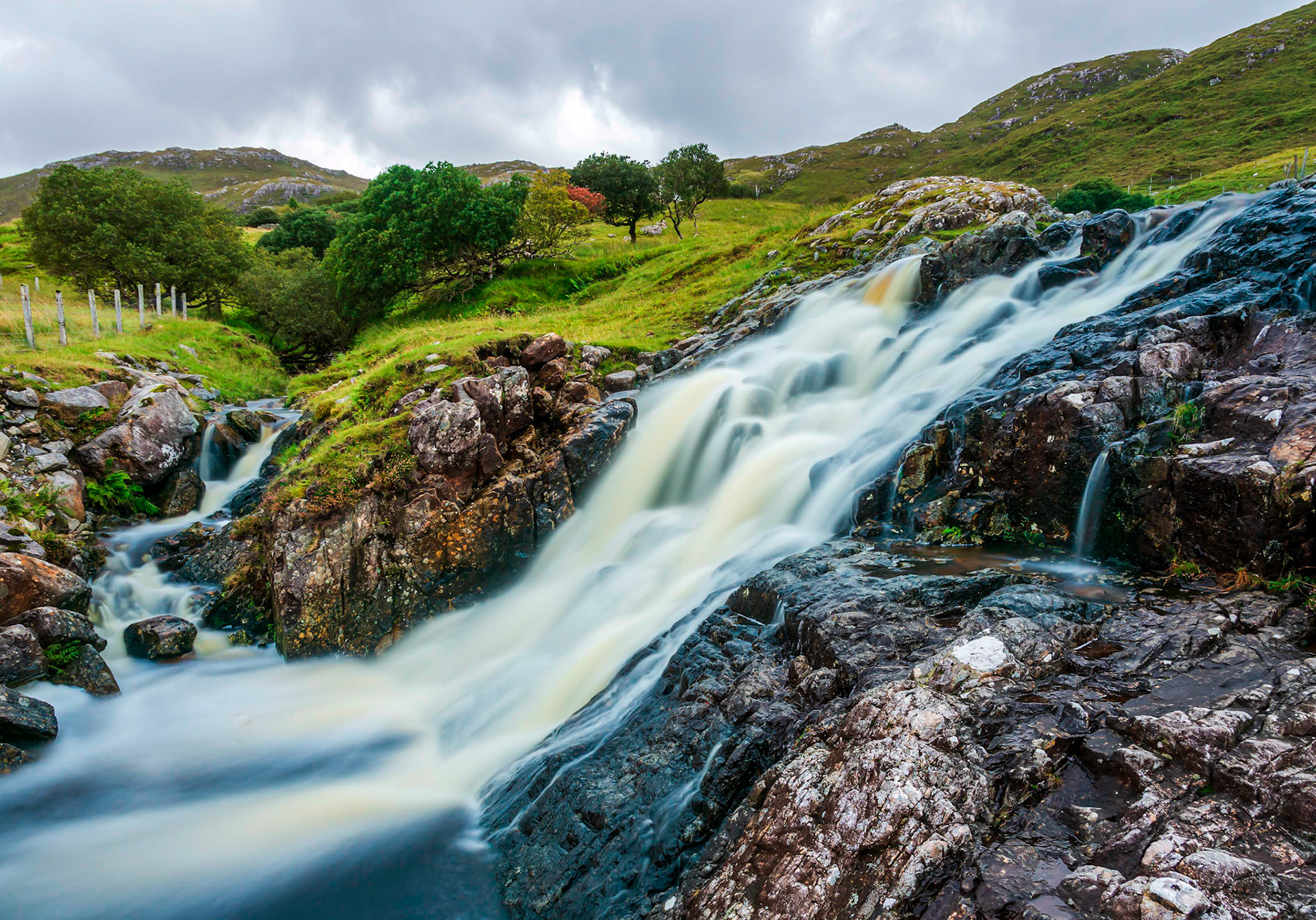 On the Isle of Lewis the water from two waterfalls converge before flowing into Loch Maraig