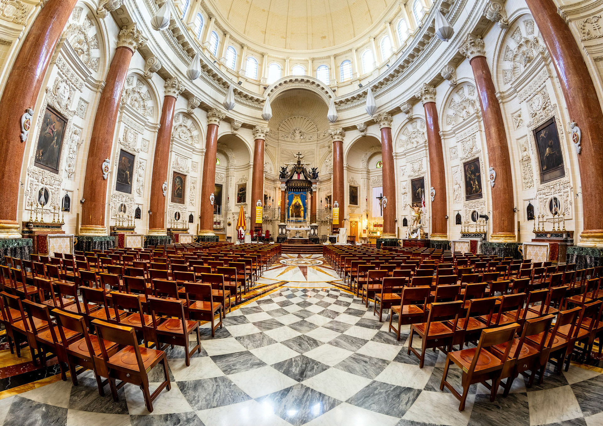 The Nave and high oval dome of the Basilica of Our Lady of Mount Carmel, Valletta, Malta.
