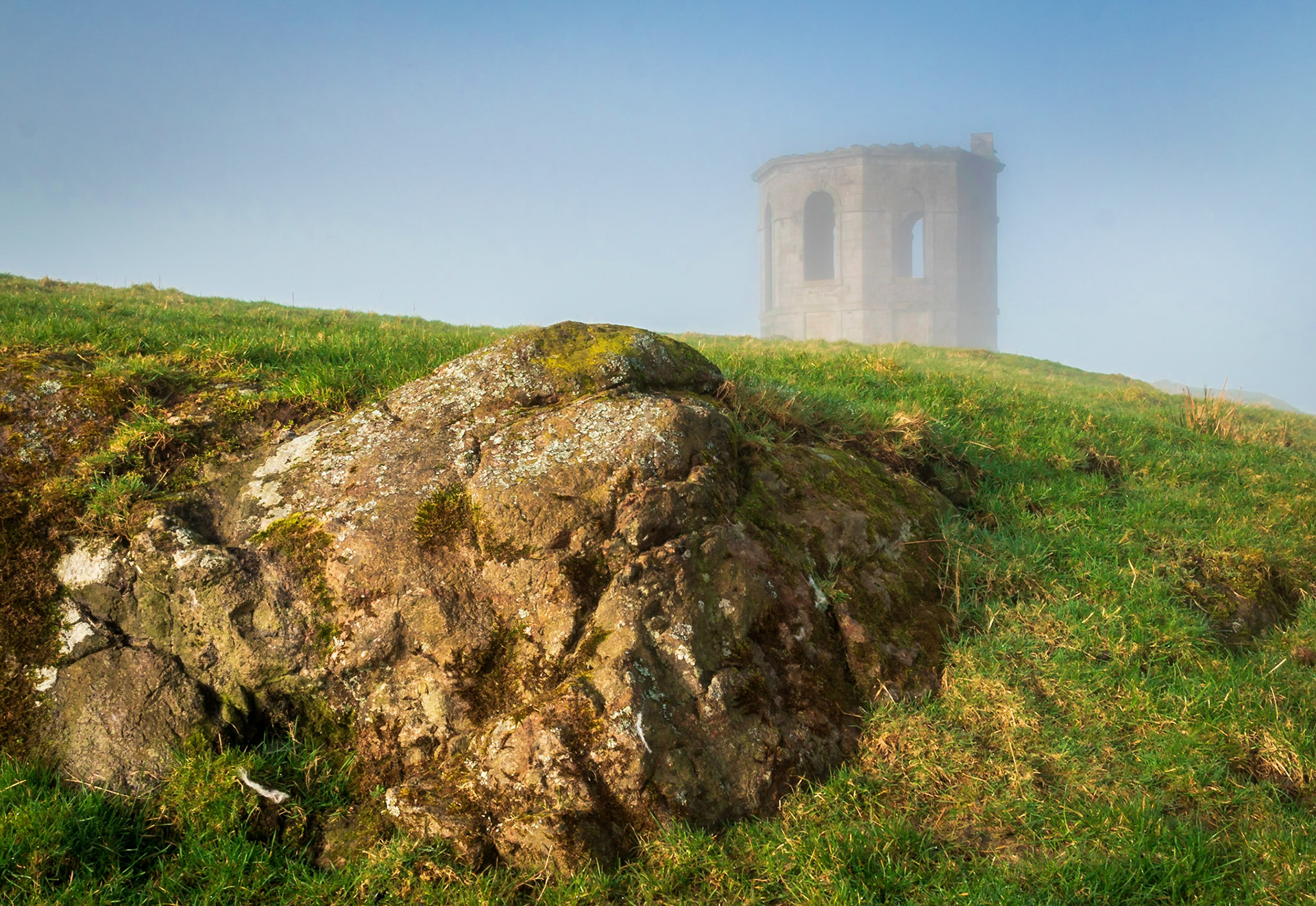 Early morning fog sits in front of Kenmure Hill Temple, a folly near the Renfrewshire villages of Lochwinnoch and Howwood.