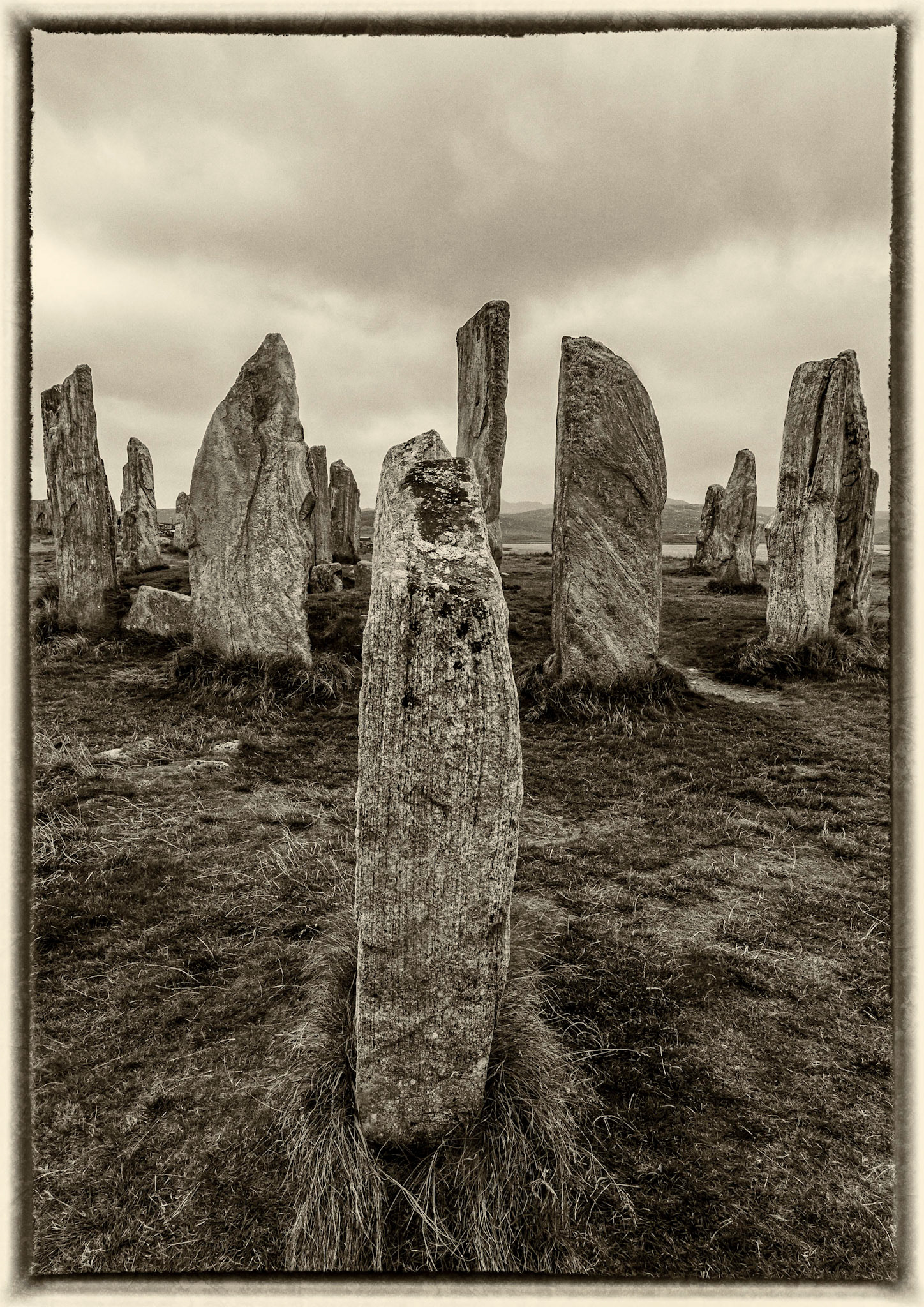 The stone circle at the centre of the Neolithic Callanish standing stones in the Isle of Lewis.
