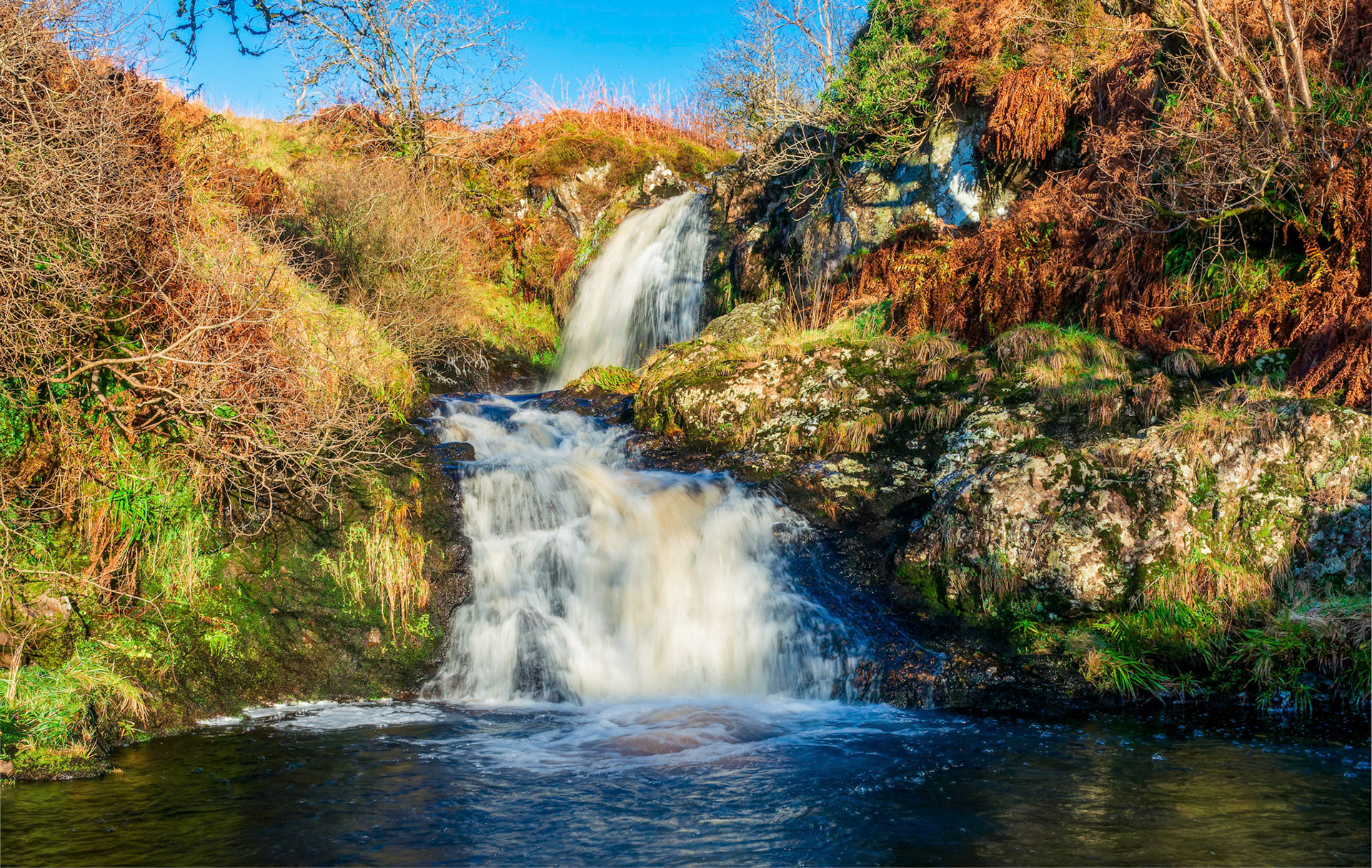 The Sun strikes a waterfall on a crisp clear January morning.