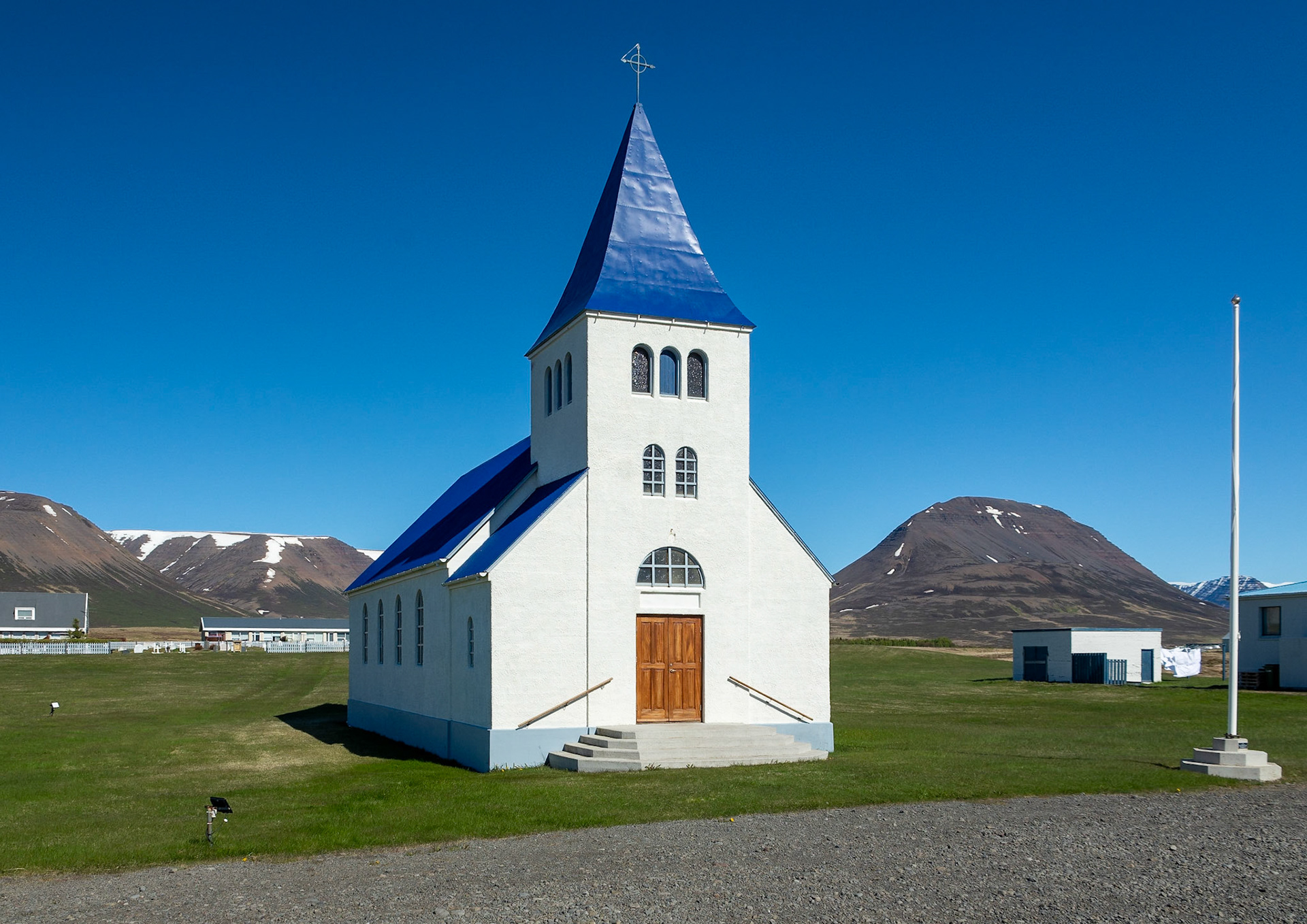 With its blue coloured metal roof this church in the Northwestern Region of Iceland is very distinctive.