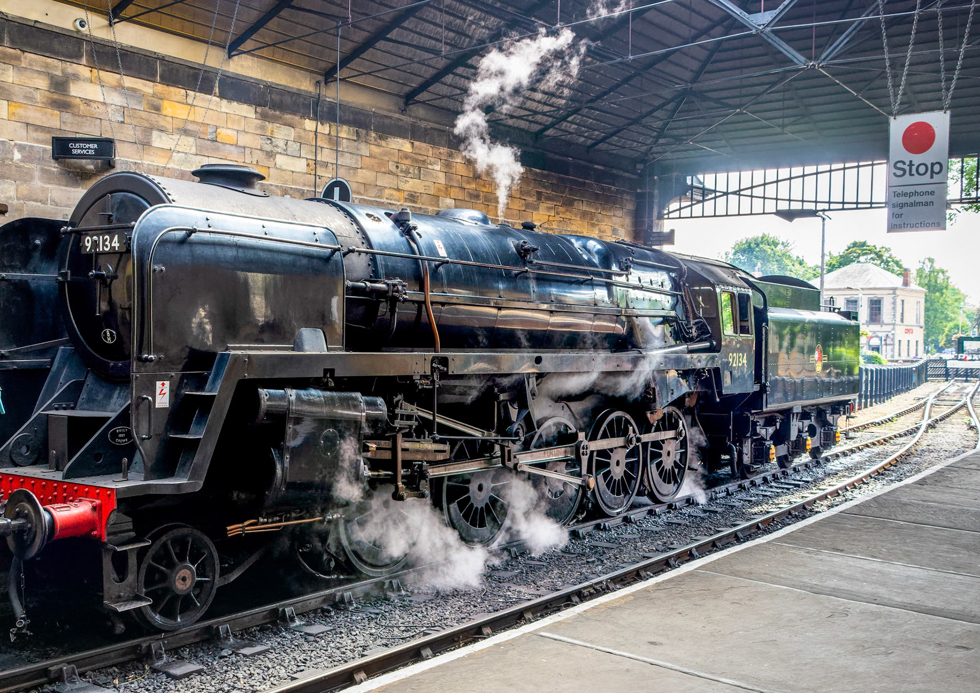 Powerful freight locomotive 92134 was built at 1957 and fully was restored in 2019. It now runs on the North Yorkshire Moors Railway.