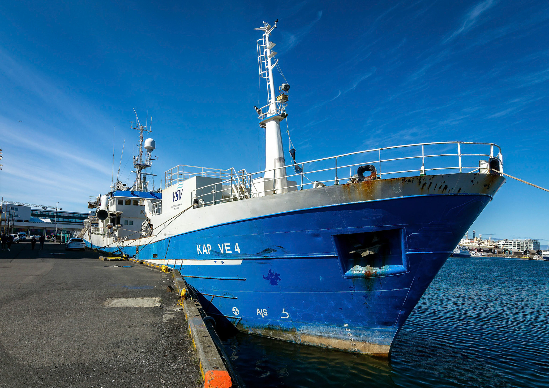 An ocean going fishing vessel sits tide up in Reykjavík Harbour.