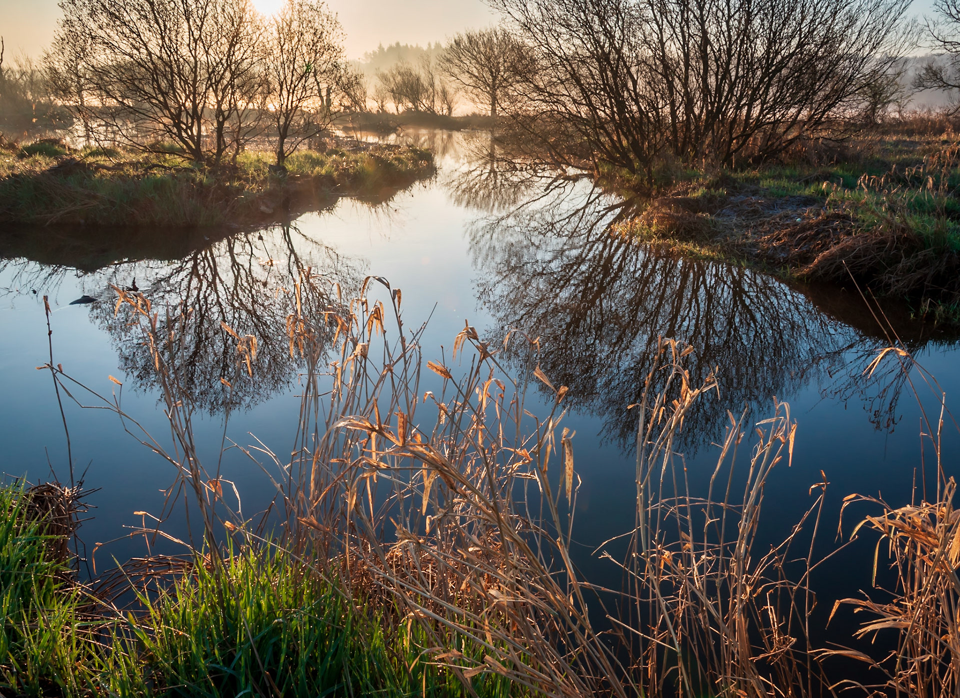 On a cold morning trees reflect in the blue water of the River Calder, Renfrewshire, Scotland.