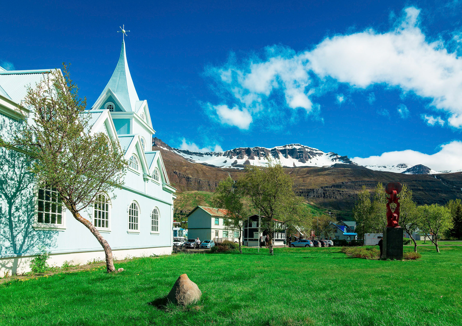 At centre of the ferry twon of  Seydisfjordur in eastern Iceland is this distinctive church.