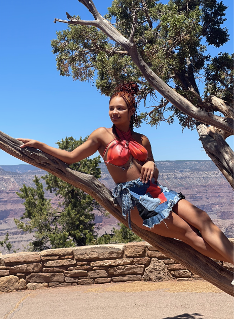 Custom patchwork skort and wire halter bralette