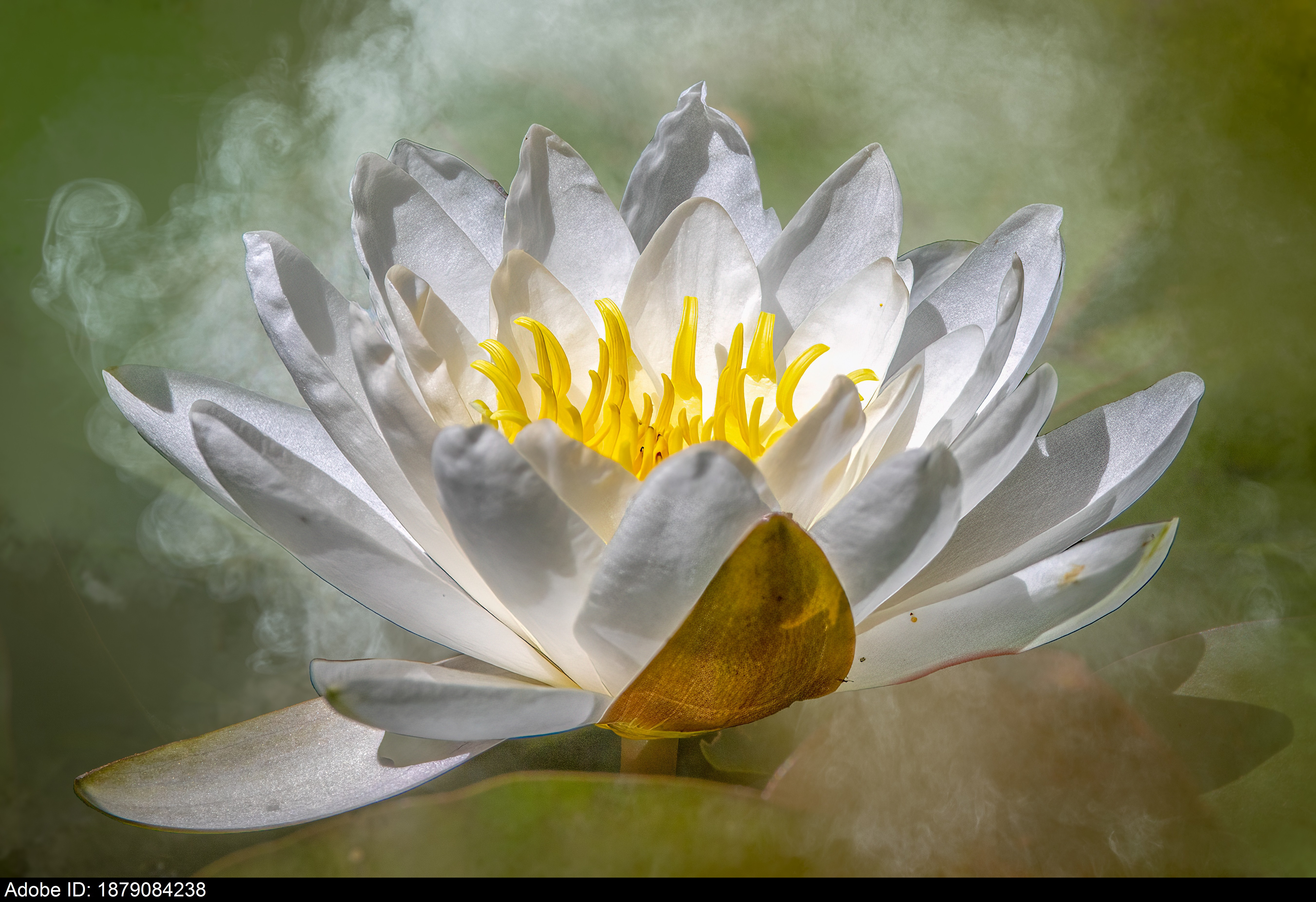 1879084238  White Water Lily Blooming in Misty Pond Representing Purity Serenity and Zen Wellness