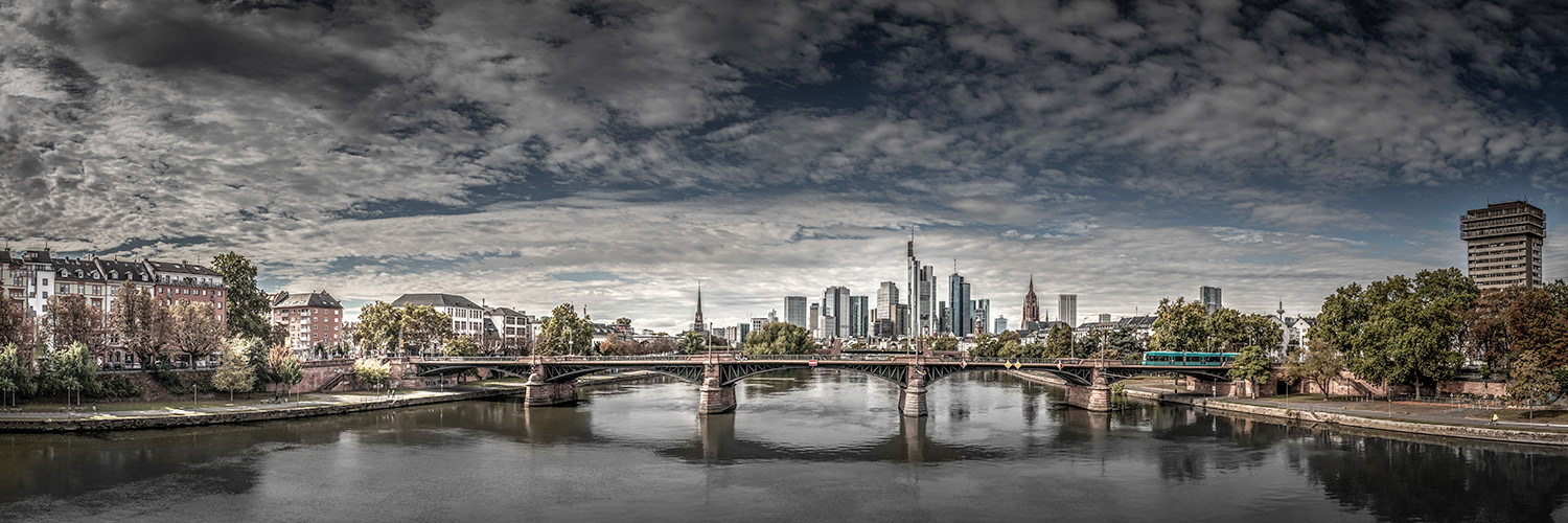 Frankfurt skyline with dramatic cloud covered sky