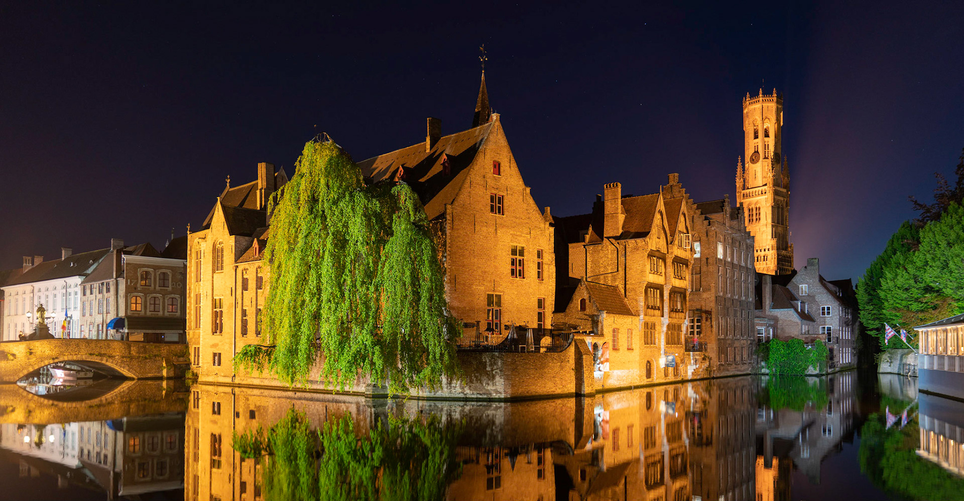 Quay of the Rosary at night.  Bruges, Belgium.
