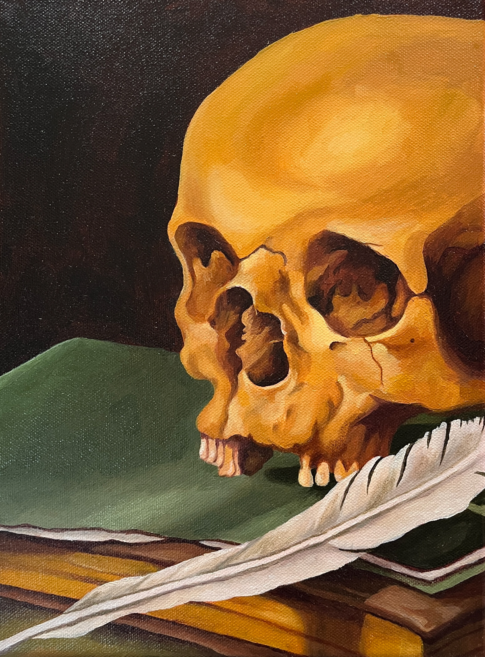 Oil painting study of Pieter Claesz's "Still Life with a Skull and a Writing Quill"