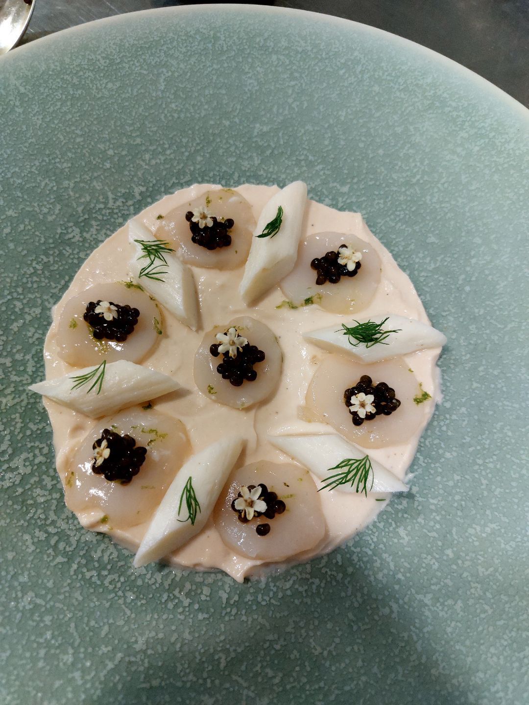 Carpaccio de Saint-Jacques, crème Dubarry et caviar